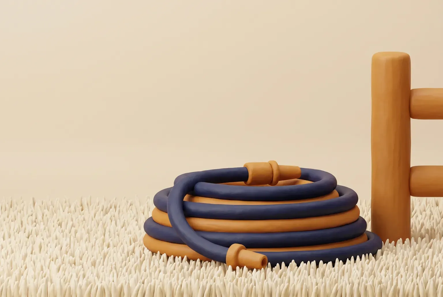 Illustration: a long navy and amber garden hose coiled neatly on a cream lawn beside a rounded wooden fence post, drawn as a soft 3D render. Not a real product.