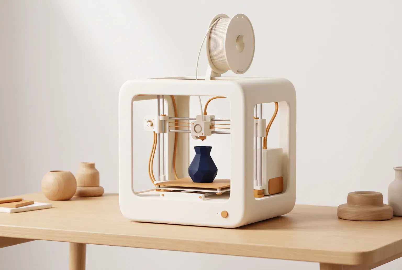 Illustration: a plain open-frame desktop 3D printer printing a small blue vase on a wooden desk, drawn as a soft 3D render. Not a real product.