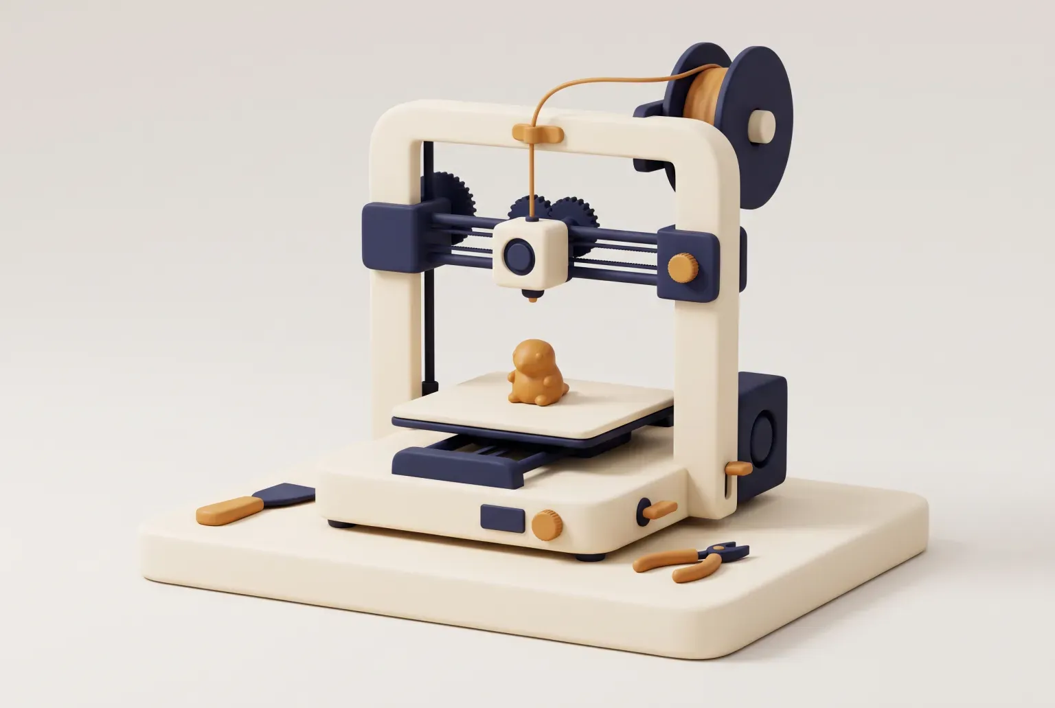 Illustration: a cream and navy desktop 3D printer on a flat base with a small amber figure printing on its bed, drawn as a soft 3D render. Not a real product.