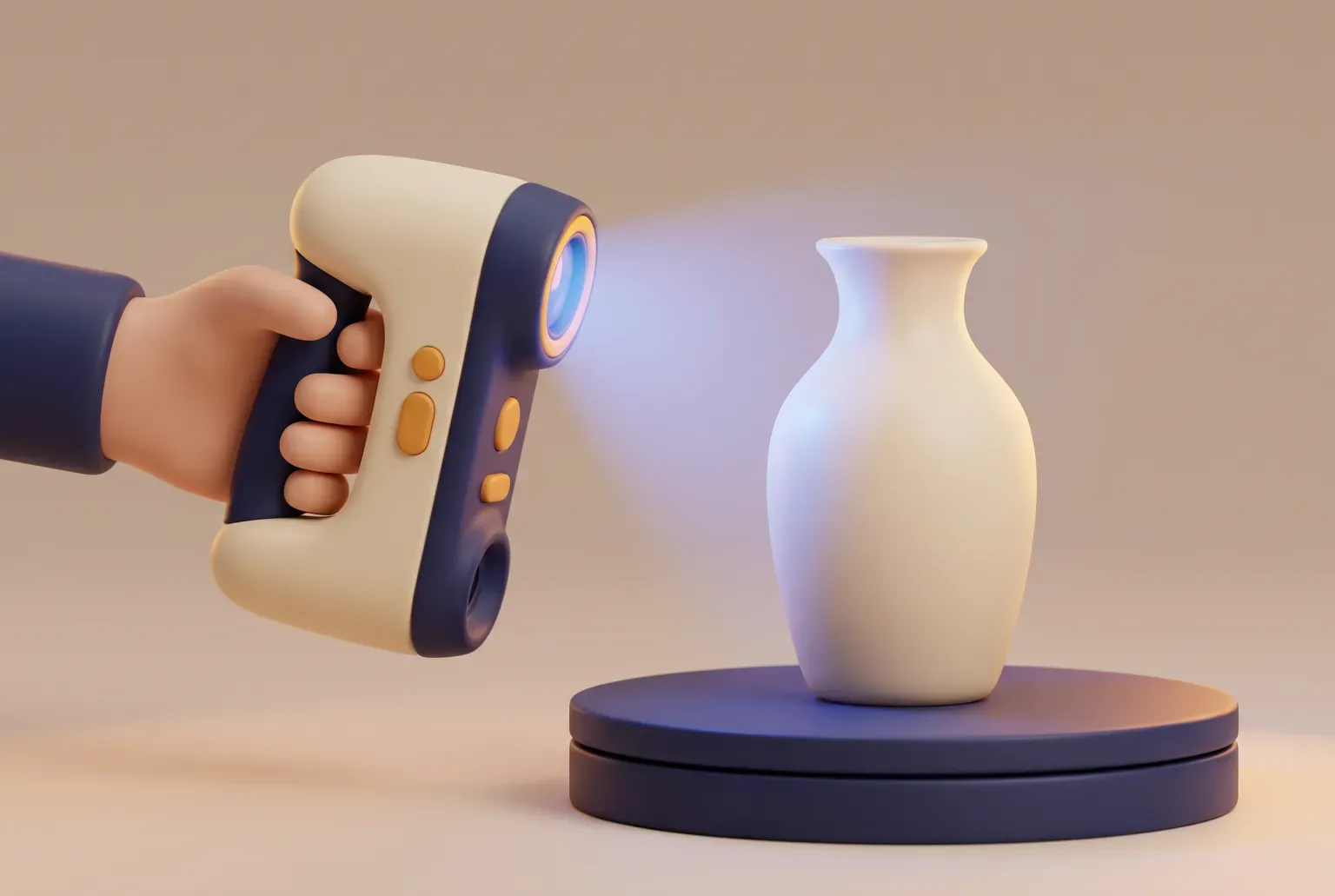 Illustration: a hand holding a small handheld 3D scanner that casts blue light on a cream vase standing on a round turntable, drawn as a soft 3D render. Not a real product.