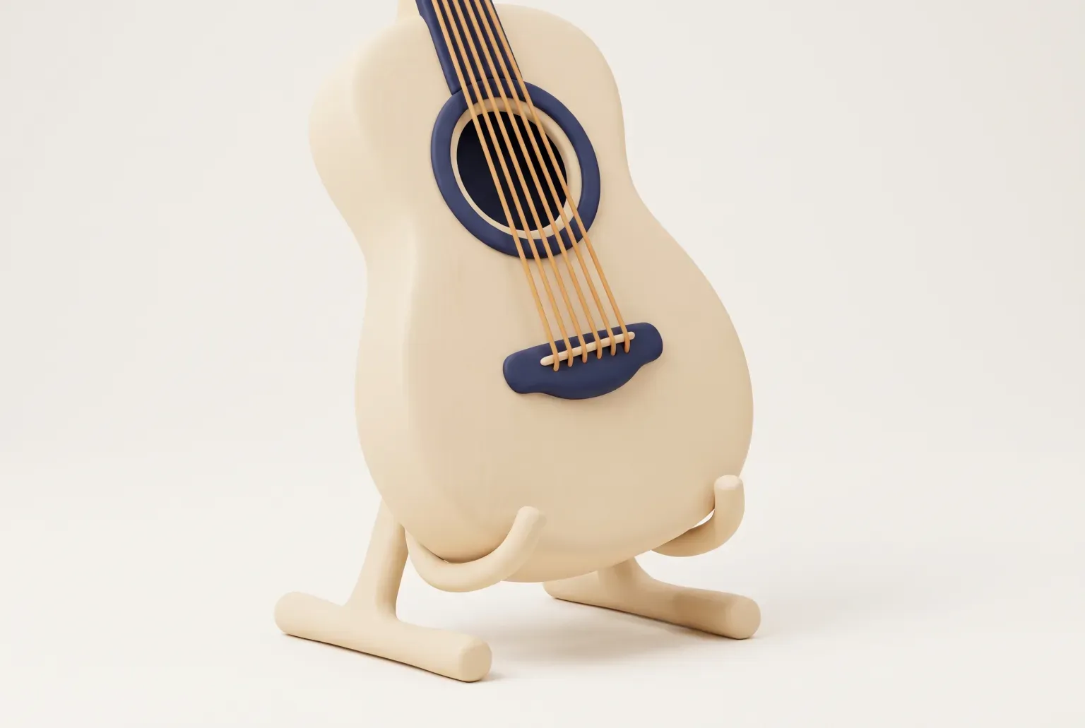 Illustration: a cream acoustic guitar body with six strings standing on a cream stand, drawn as a soft 3D render. Not a real product.