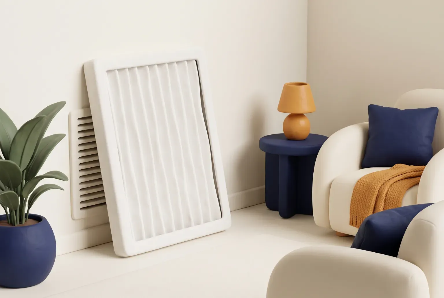 Illustration: a white pleated rectangular furnace filter leaning against a wall beside an air vent in a calm living room corner, drawn as a soft 3D render. Not a real product.