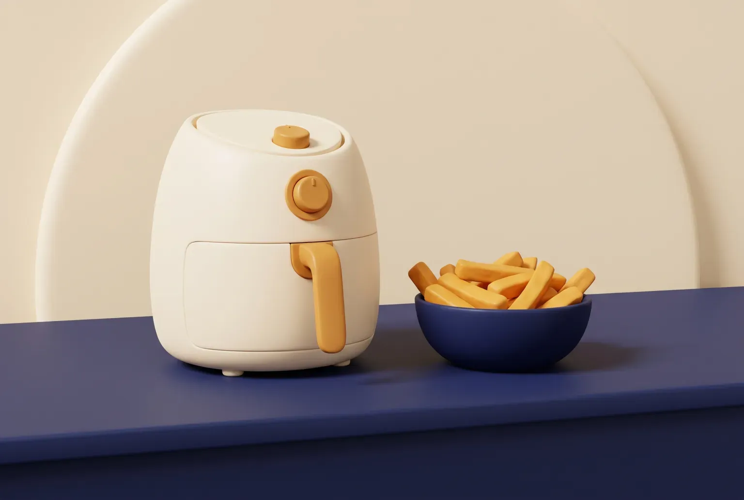 Illustration: a plain basket air fryer on a kitchen counter with a bowl of fries beside it, drawn as a soft 3D render. Not a real product.