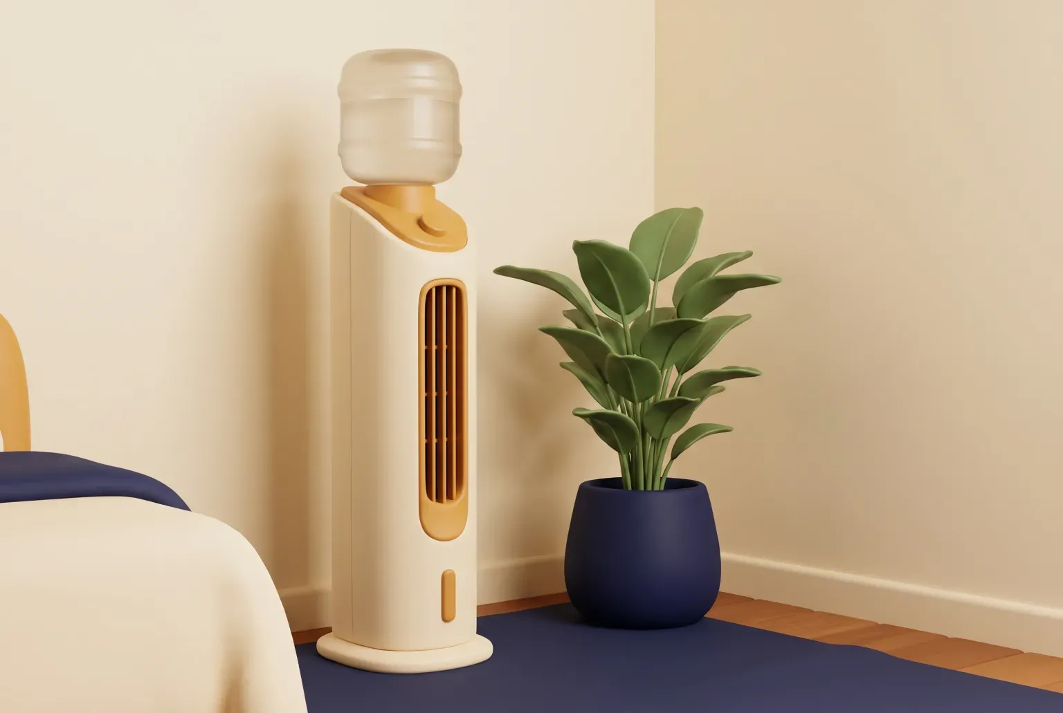 Illustration: a tall slim cream tower appliance with a water tank on top beside a leafy green houseplant in the corner of a bedroom, drawn as a soft 3D render. Not a real product.