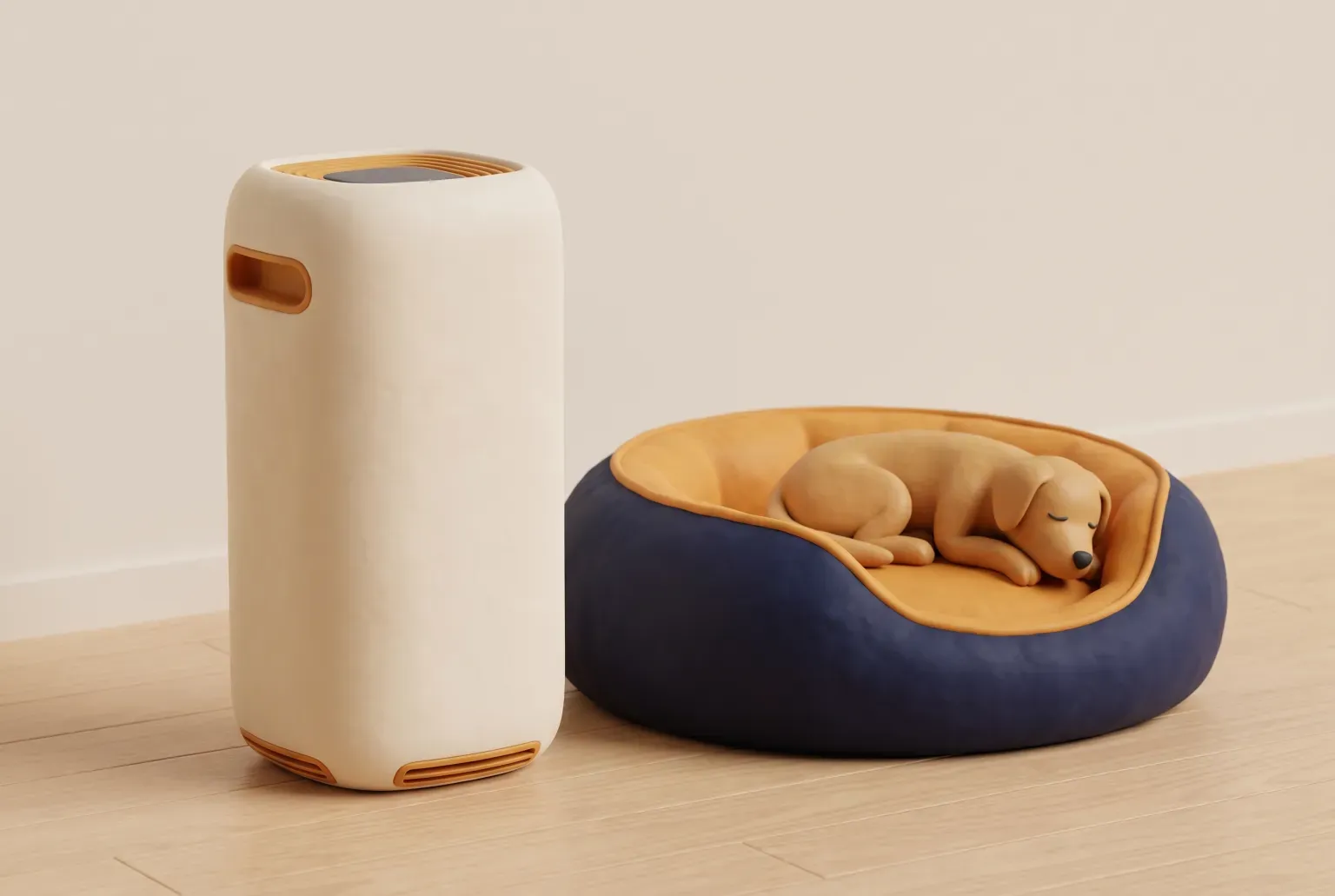 Illustration: a tall cream air purifier beside a round navy dog bed with a sleeping tan dog on a light wooden floor, drawn as a soft 3D render. Not a real product.