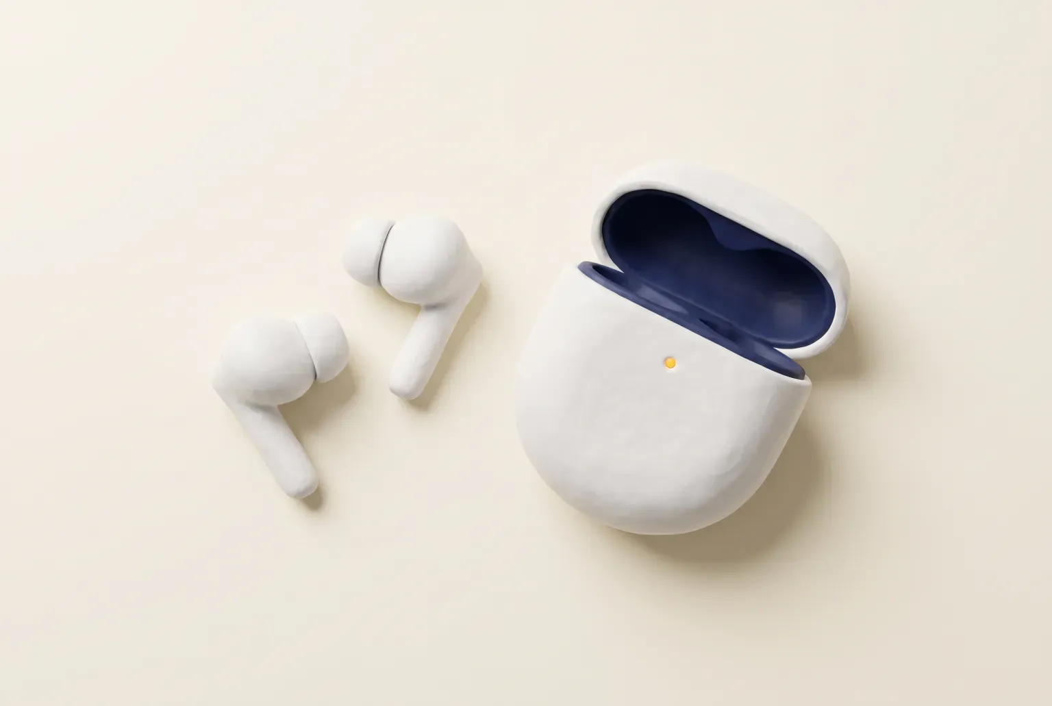 Illustration: a pair of small white wireless earbuds with short stems beside an open rounded white charging case with a navy lining, on a cream tabletop, drawn as a soft 3D render. Not a real product.