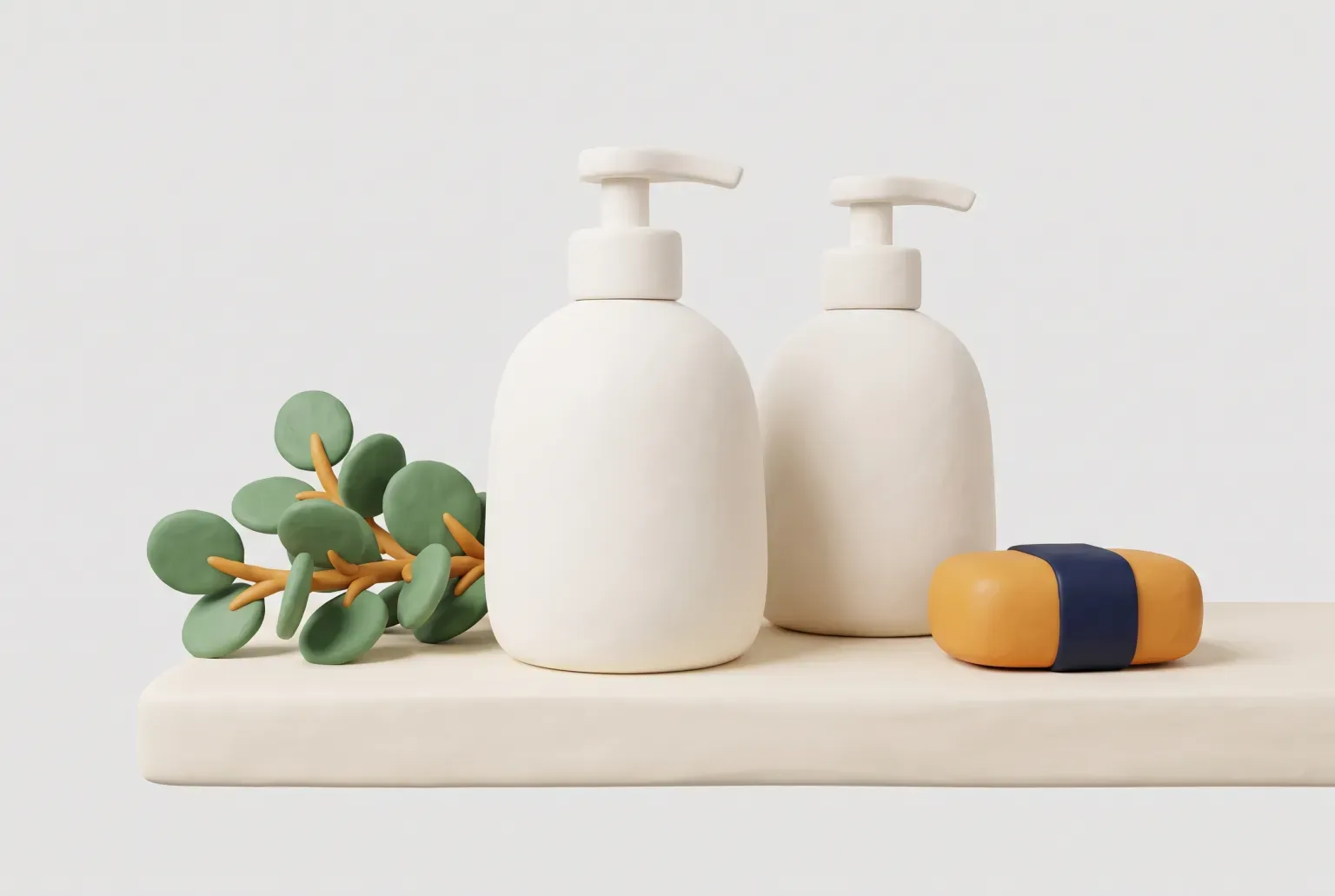Illustration: two plain cream pump bottles and an amber soap bar with a navy band on a pale shelf beside a green leaf sprig, drawn as a soft 3D render. Not a real product.
