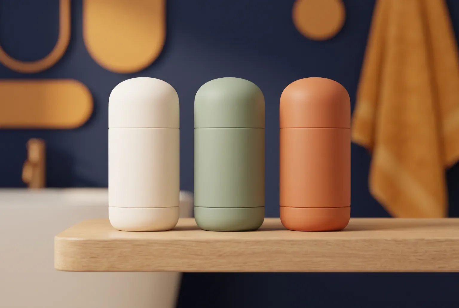 Illustration: three rounded deodorant sticks in cream, sage green and terracotta on a light wood shelf against a navy wall, drawn as a soft 3D render. Not a real product.