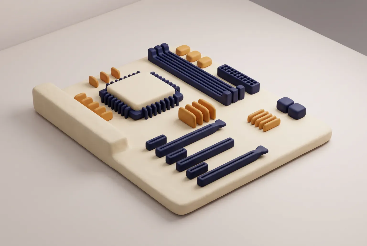 Illustration: a cream circuit board with a square processor socket, navy memory and expansion slots and amber heatsinks, drawn as a soft 3D render. Not a real product.