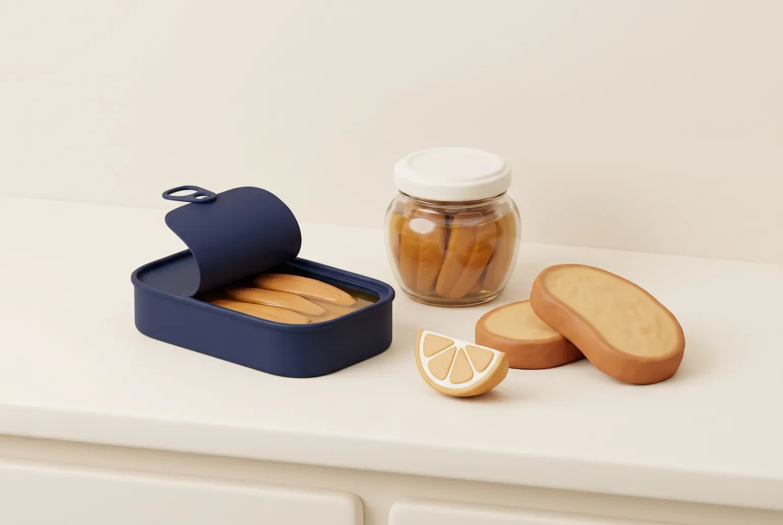 Illustration: an open navy tin and a small glass jar of oil-packed anchovy fillets beside two slices of toast and a lemon wedge on a cream kitchen counter, drawn as a soft 3D render. Not a real product.