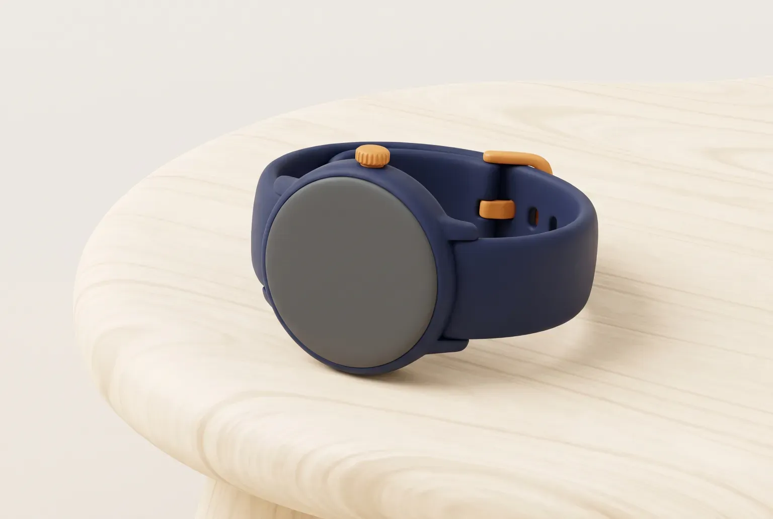 Illustration: a plain round smartwatch with a blank grey screen, a navy silicone strap and amber buttons on a light wooden table, drawn as a soft 3D render. Not a real product.