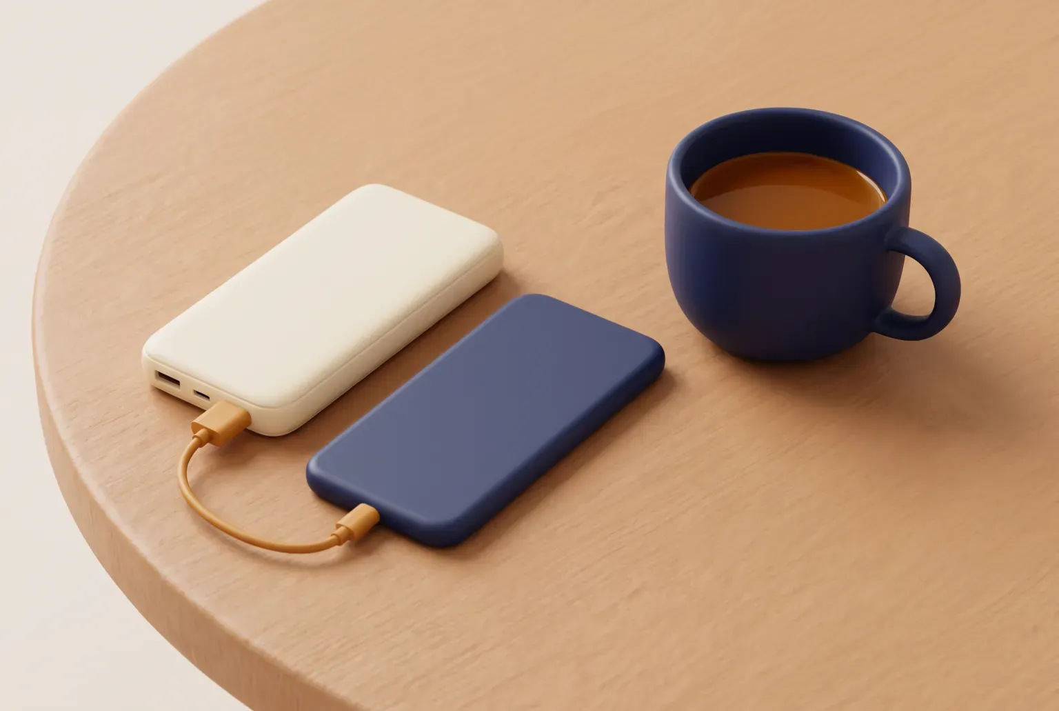 Illustration: a plain slim battery pack with a short cable charging a blank phone on a wooden cafe table beside a coffee cup, drawn as a soft 3D render. Not a real product.