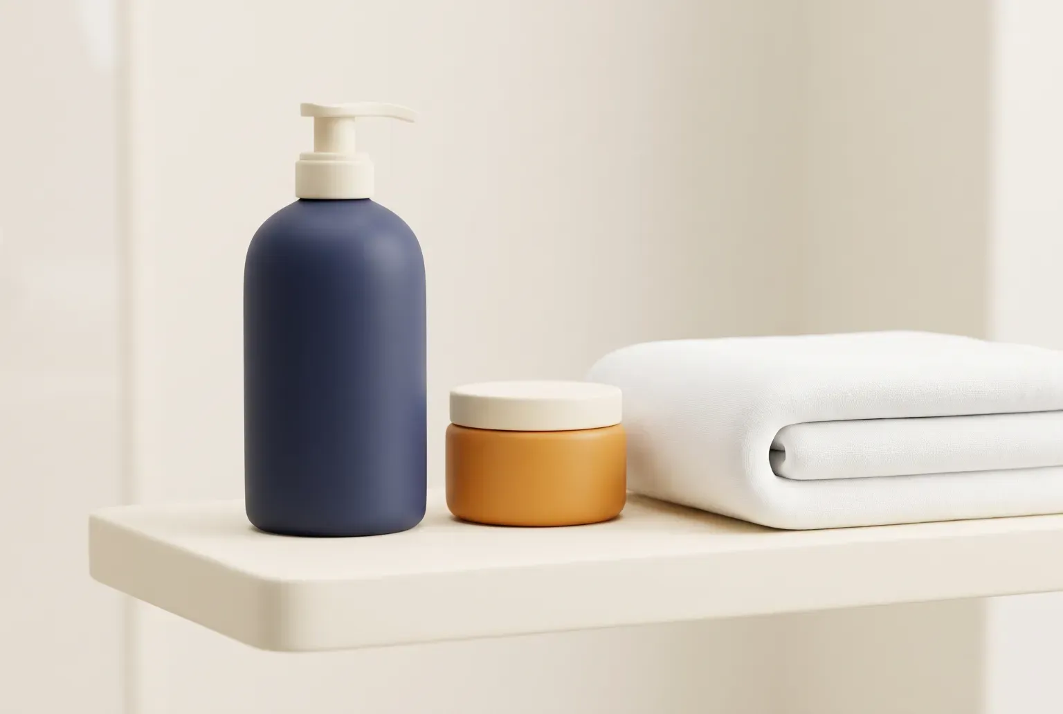 Illustration: a navy blue pump bottle and a round amber cream jar with blank surfaces beside a folded white towel on a cream bathroom shelf, drawn as a soft 3D render. Not a real product.