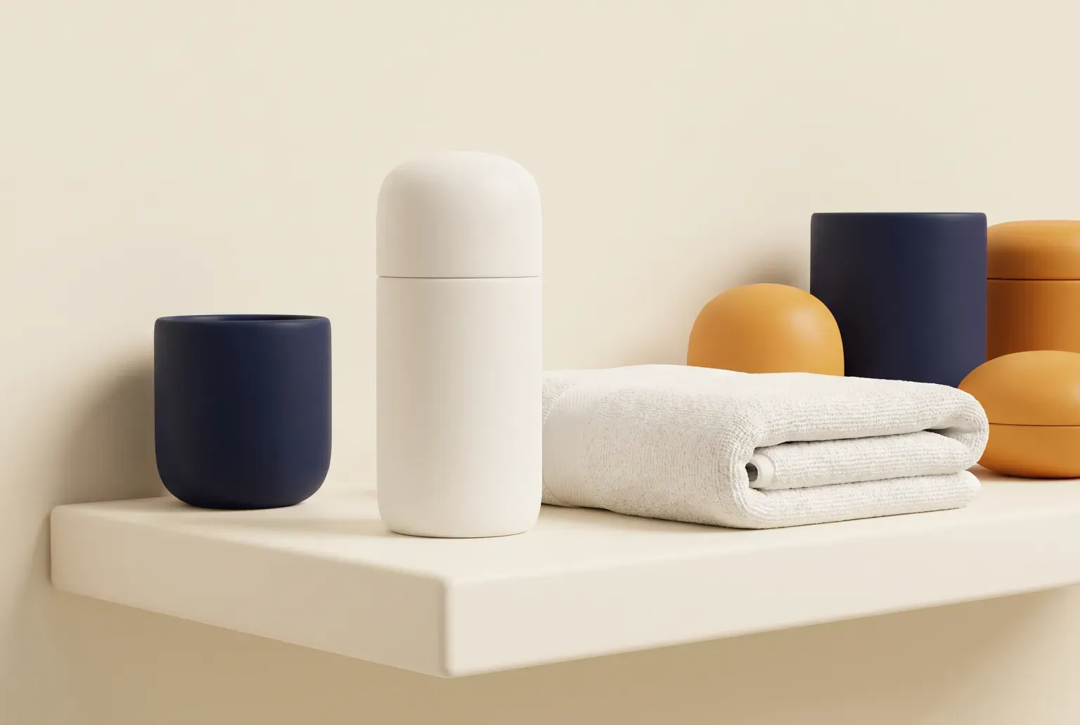 Illustration: a plain white capsule-shaped container on a cream bathroom shelf beside a folded white towel, navy cups and amber round containers, drawn as a soft 3D render. Not a real product.