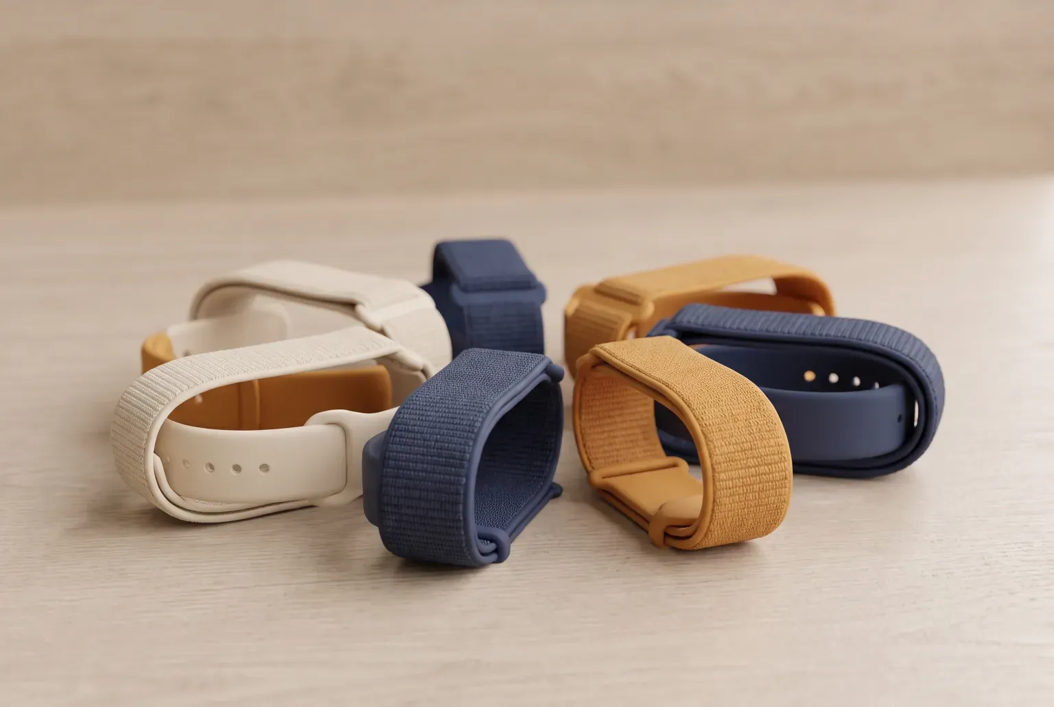 Illustration: a loose pile of woven and silicone smartwatch straps in cream, navy and mustard on a light wooden desk, drawn as a soft 3D render. Not a real product.