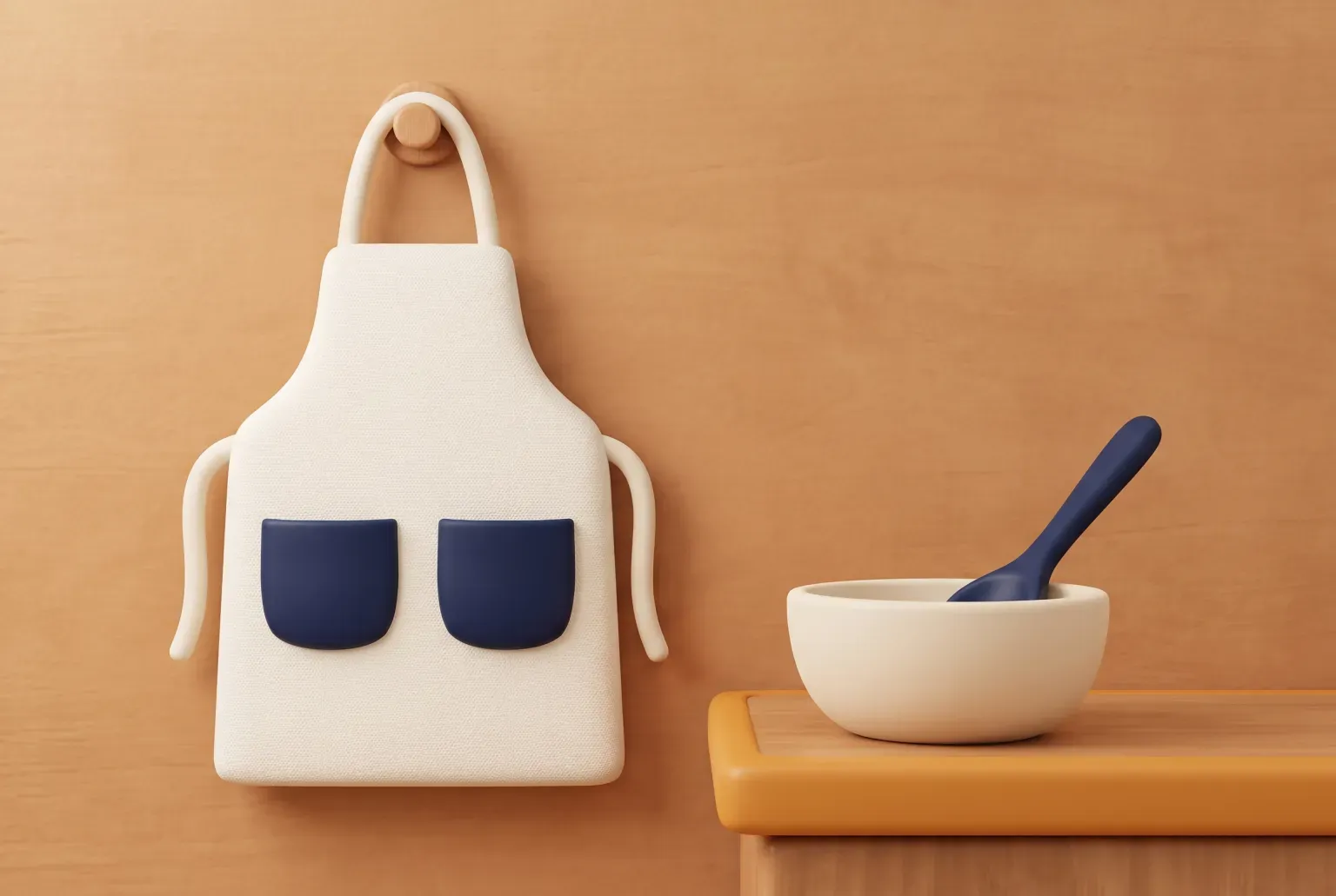 Illustration: a cream apron with two navy pockets hanging on a wooden wall hook beside a counter holding a cream bowl and a navy spoon, drawn as a soft 3D render. Not a real product.
