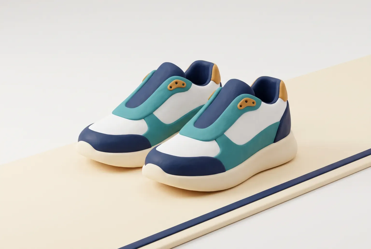 Illustration: a pair of white, teal and navy road running shoes with cream soles on a cream running lane, drawn as a soft 3D render. Not a real product.