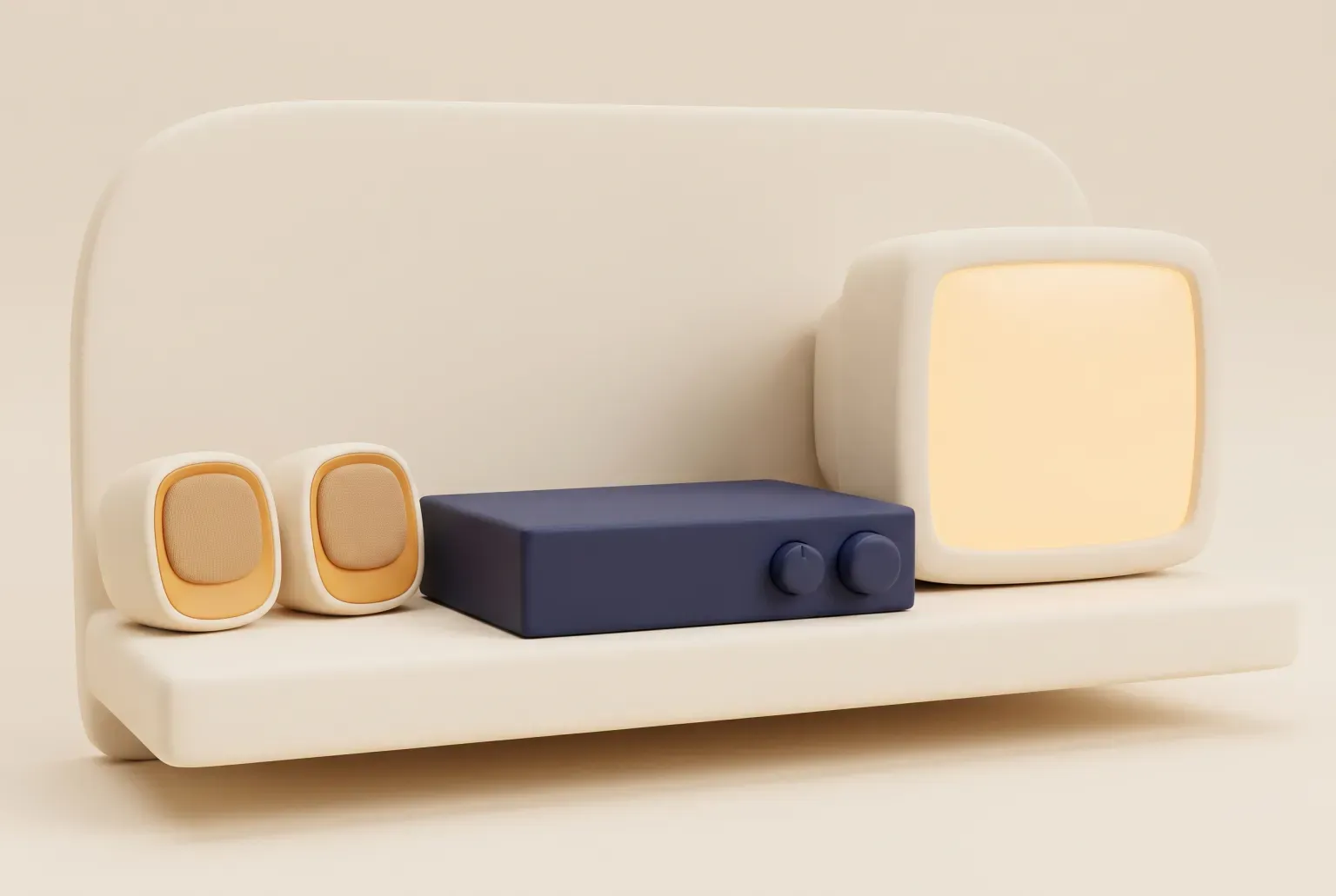 Illustration: a flat navy receiver box with two round knobs on a cream shelf between two small speakers and a glowing television, drawn as a soft 3D render. Not a real product.