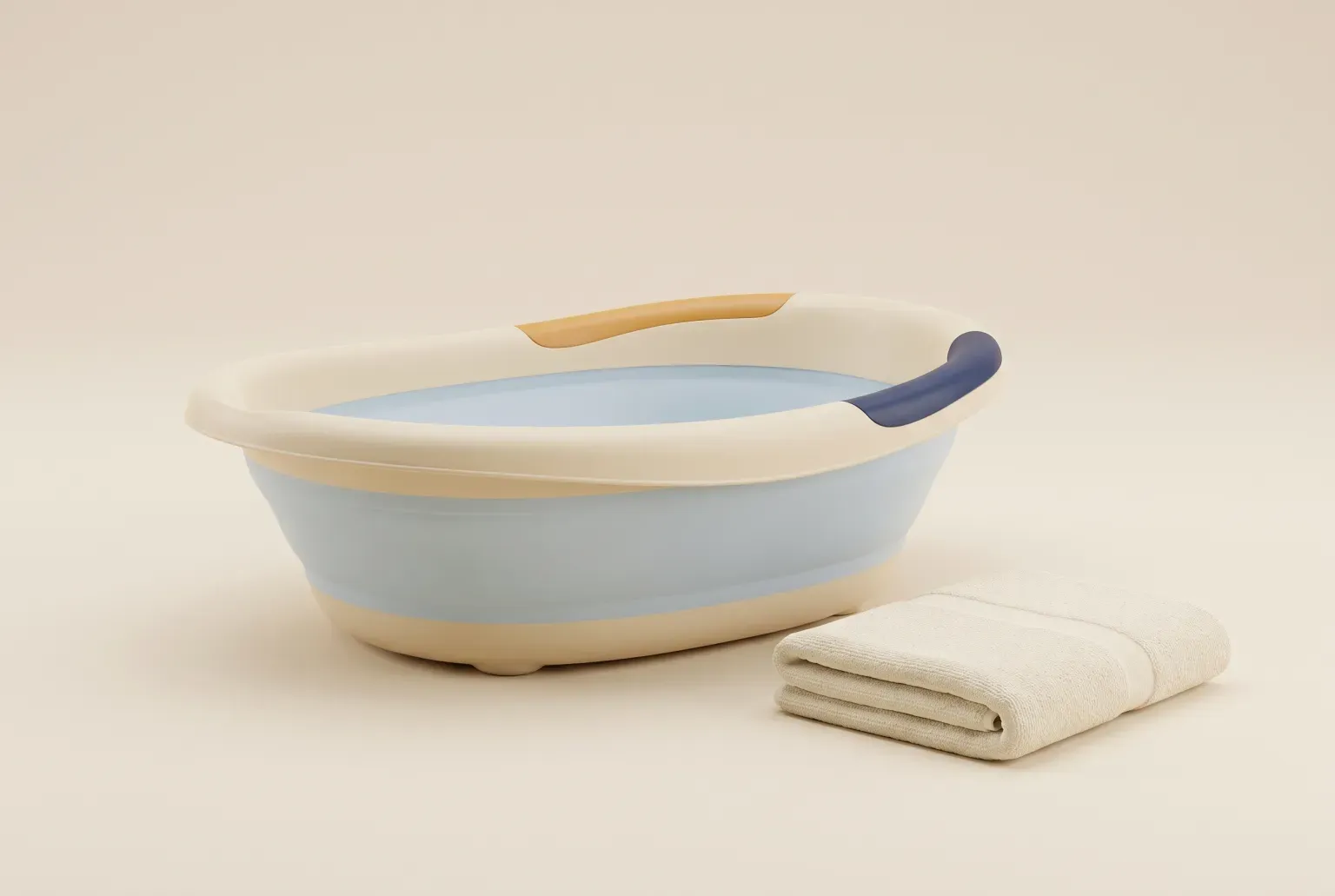 Illustration: a plain oval baby bathtub in cream and pale blue with a folded towel beside it on a soft beige floor, drawn as a soft 3D render. Not a real product.