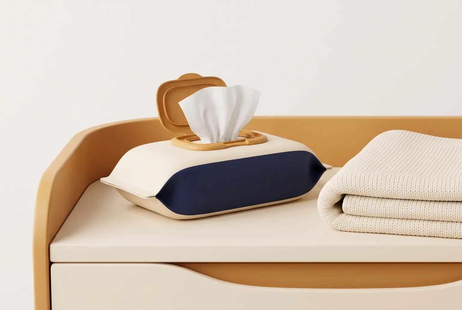 Illustration: an open flip-top pack of baby wipes with one white wipe pulled out, on a changing table beside a folded cream blanket, drawn as a soft 3D render. Not a real product.