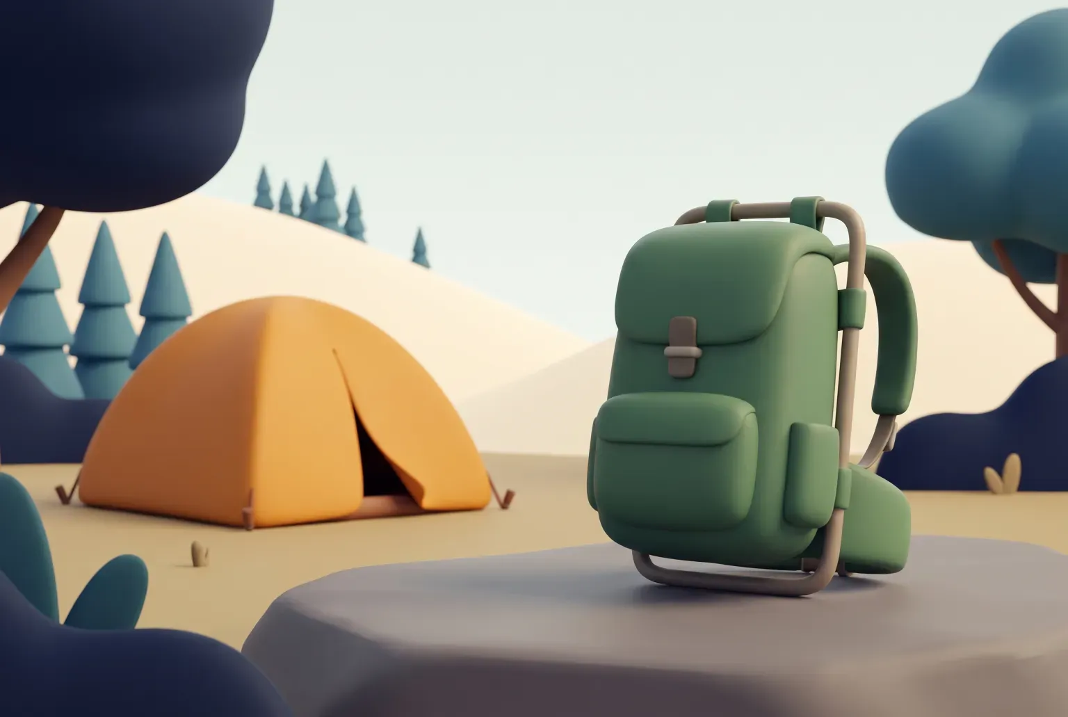 Illustration: a green frame backpack standing on a gray rock beside a small orange tent in a quiet hilly meadow, drawn as a soft 3D render. Not a real product.