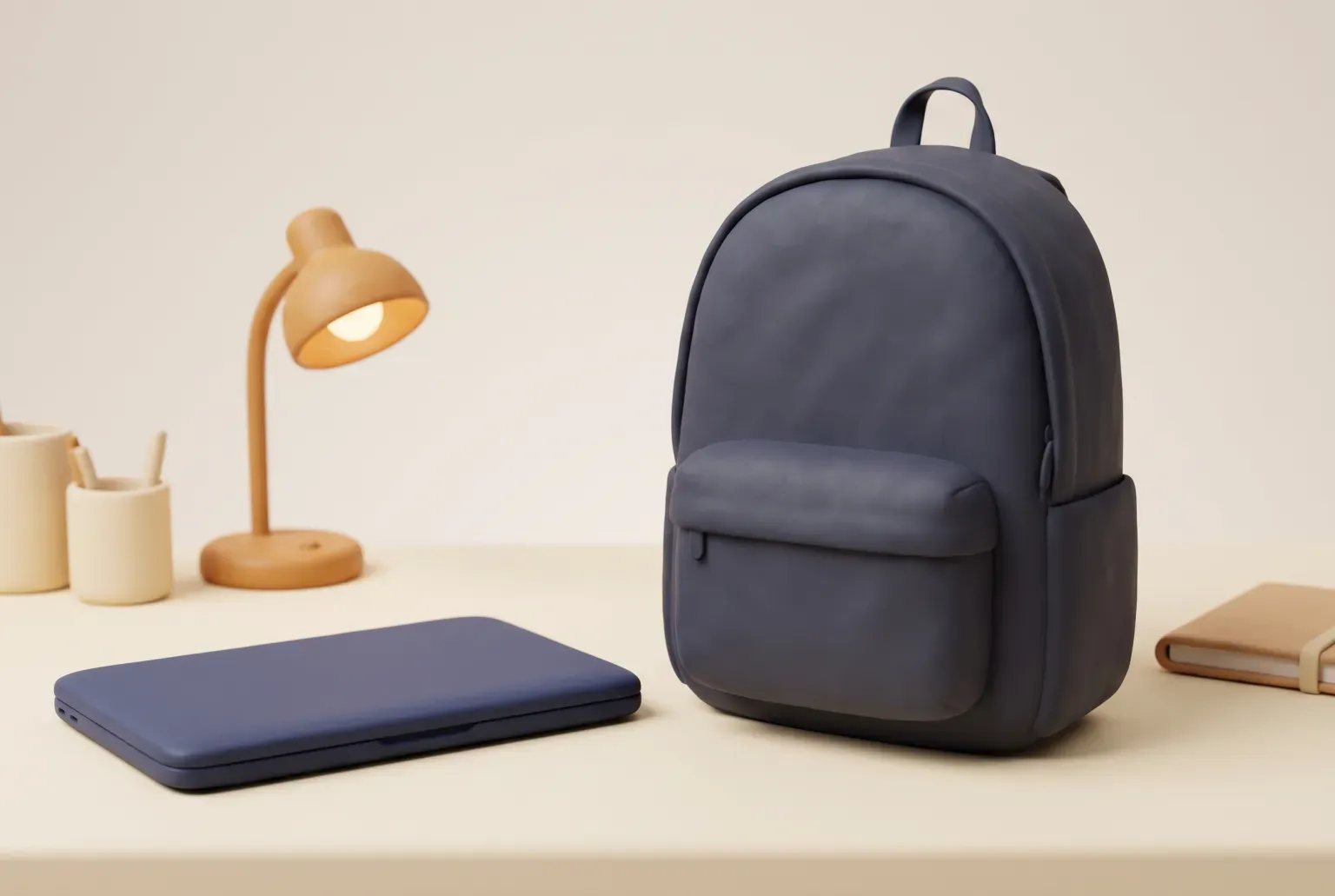 Illustration: a plain dark laptop backpack standing upright on a tidy office desk beside a closed laptop and a lamp, drawn as a soft 3D render. Not a real product.