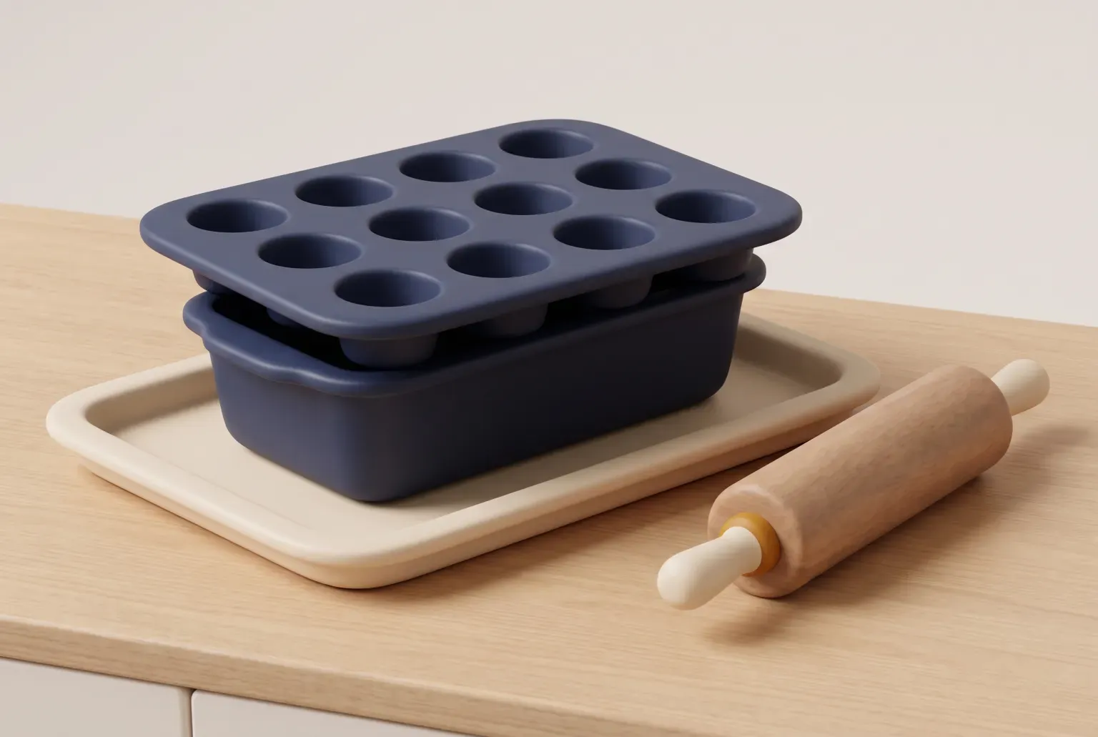 Illustration: a navy twelve-cup muffin tin on a navy loaf pan on a cream baking sheet beside a wooden rolling pin on a light wooden kitchen counter, drawn as a soft 3D render. Not a real product.