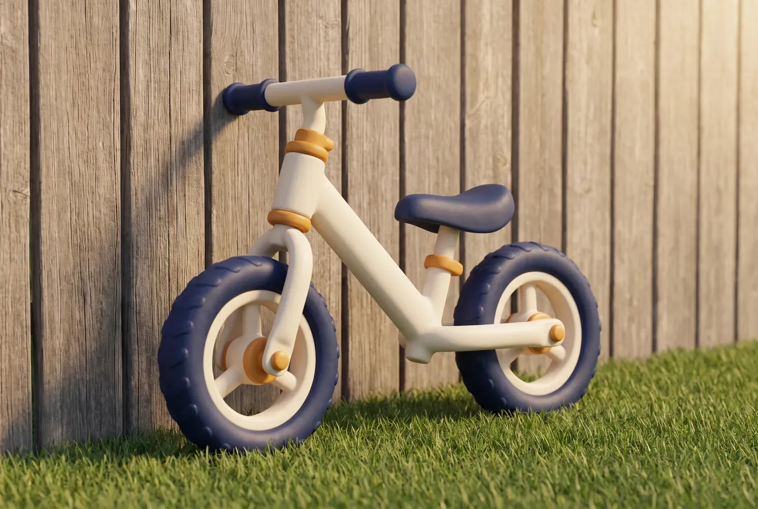 Illustration: a small cream pedal-free balance bike with navy tires and amber details leaning against a wooden garden fence on a lawn, drawn as a soft 3D render. Not a real product.