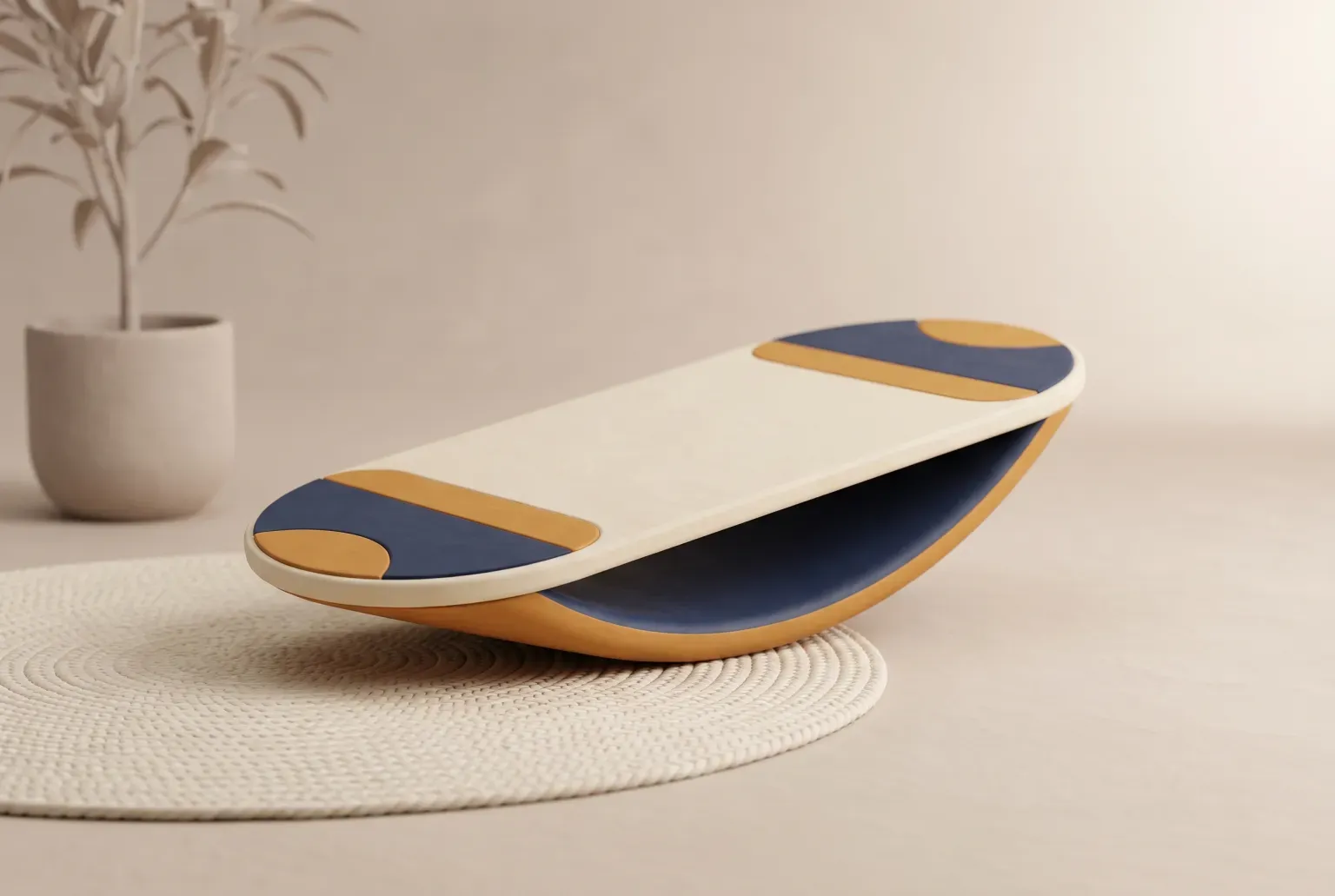 Illustration: a plain cream wobble balance board with navy and amber grip panels tilting on a rope-textured round rug beside a potted plant, drawn as a soft 3D render. Not a real product.