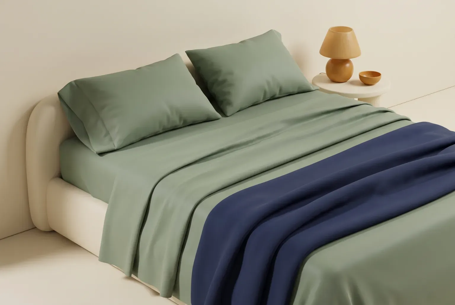 Illustration: a neatly made bed with smooth sage green sheets, two matching pillows and a navy throw, drawn as a soft 3D render. Not a real product.