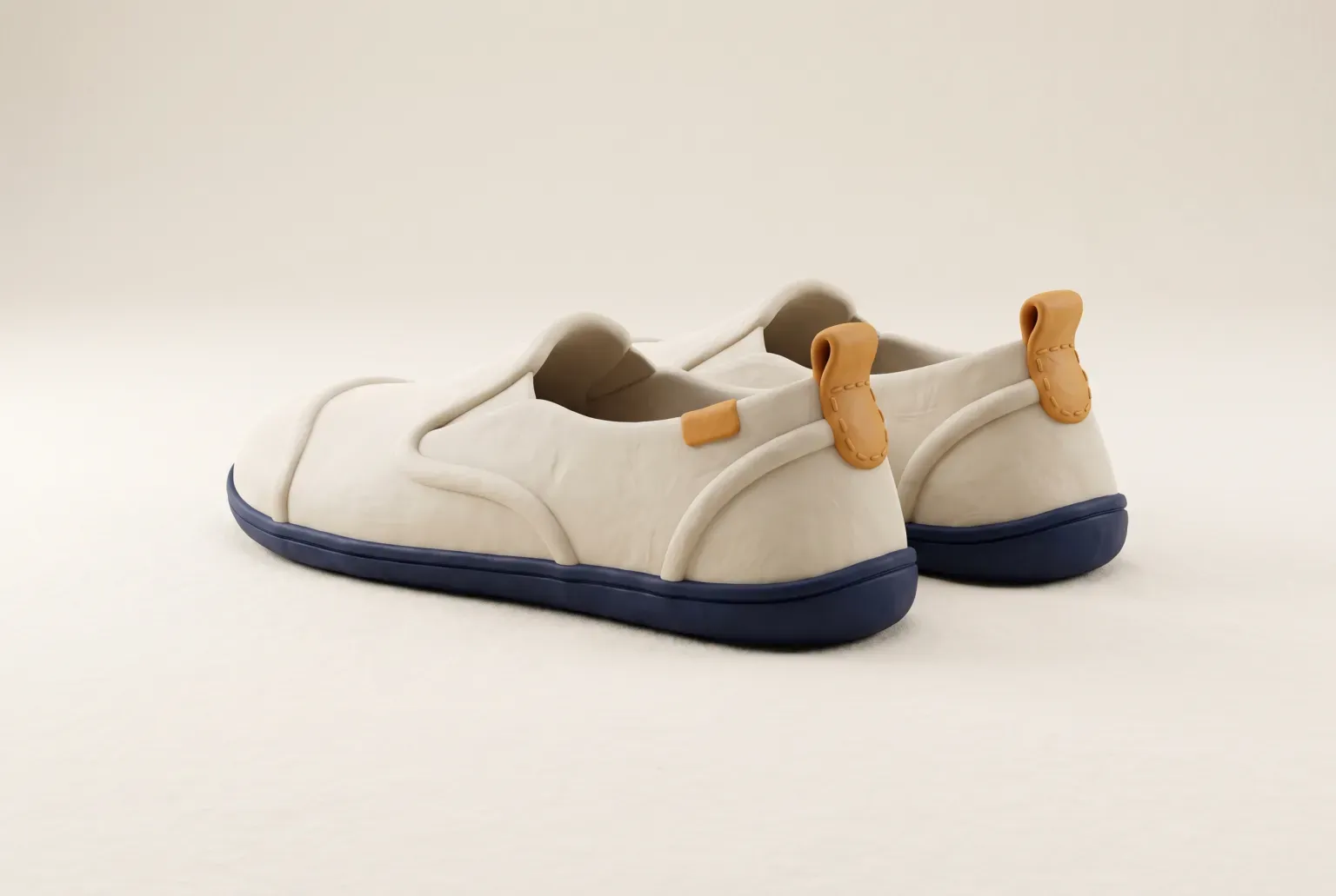 Illustration: a pair of flat cream slip-on shoes with a thin navy sole and amber heel tabs on a plain cream surface, drawn as a soft 3D render. Not a real product.