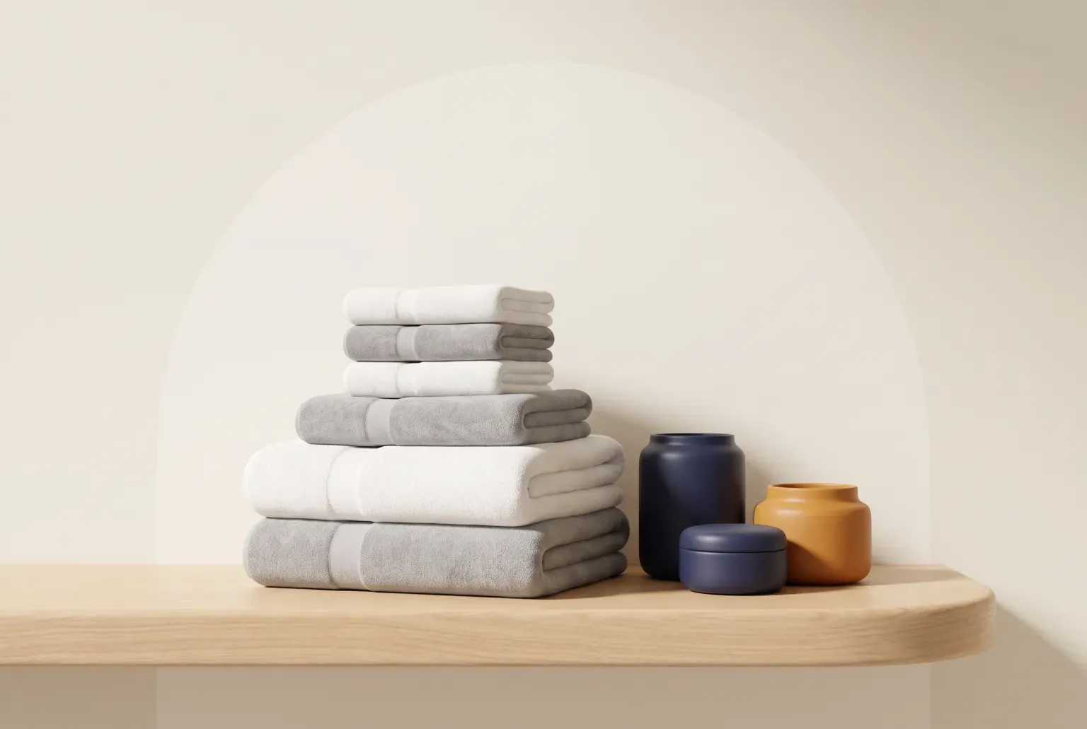 Illustration: a neat stack of folded white and grey bath towels on a light wooden bathroom shelf, drawn as a soft 3D render. Not a real product.