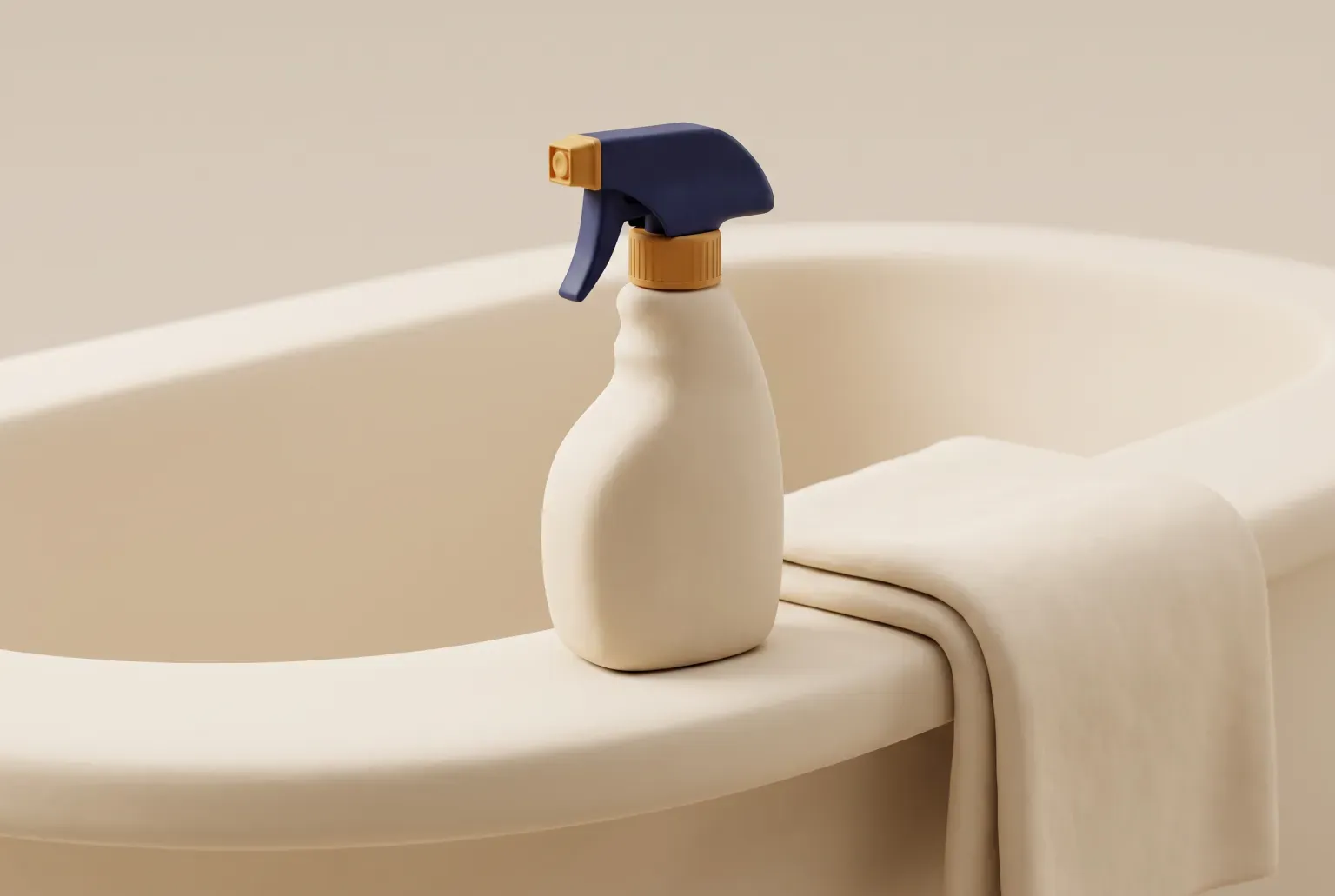Illustration: a cream trigger spray bottle with a navy sprayer and amber collar standing on the edge of a cream bathtub beside a folded towel, drawn as a soft 3D render. Not a real product.
