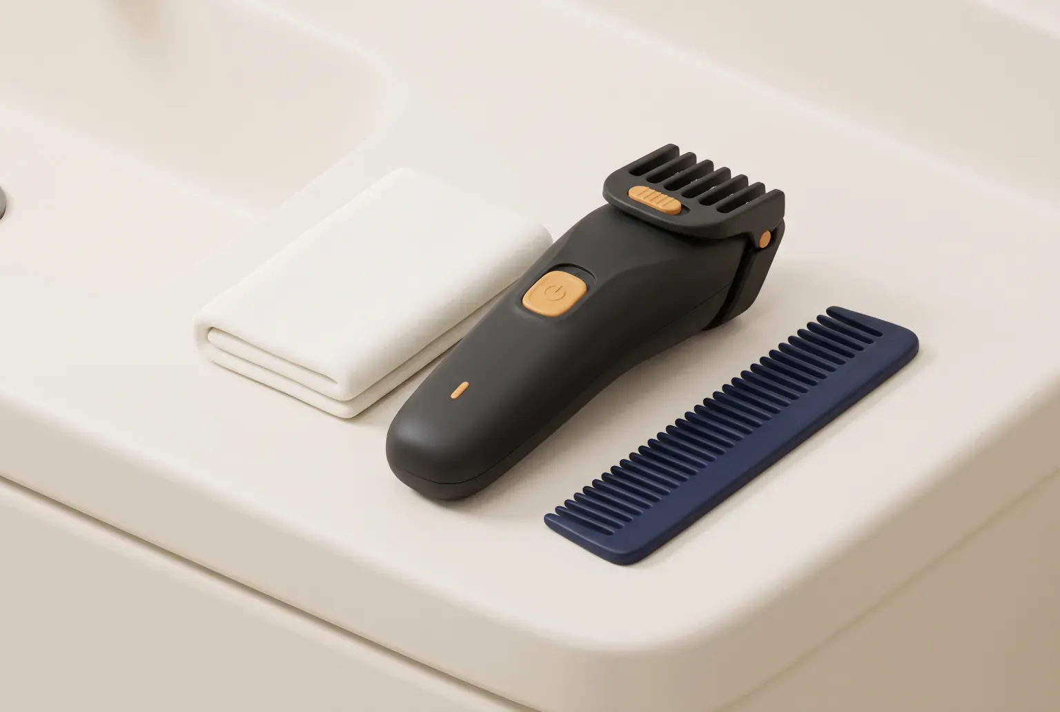 Illustration: a plain black cordless beard trimmer with a comb guard on a bathroom counter beside a towel and a comb, drawn as a soft 3D render. Not a real product.