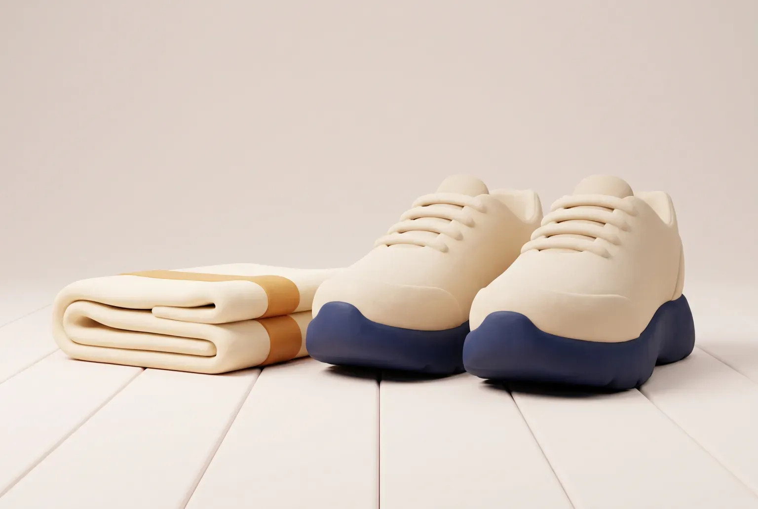 Illustration: a pair of plain cream running shoes with navy soles standing side by side on a pale wooden floor beside a folded towel, drawn as a soft 3D render. Not a real product.
