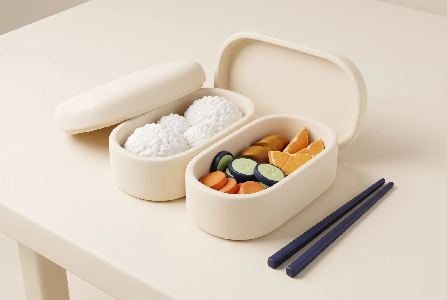 Illustration: a plain cream two-compartment bento lunch box with its lids open, one side holding rice balls and the other sliced cucumber, carrot and orange, on a pale table beside a pair of navy chopsticks, drawn as a soft 3D render. Not a real product.