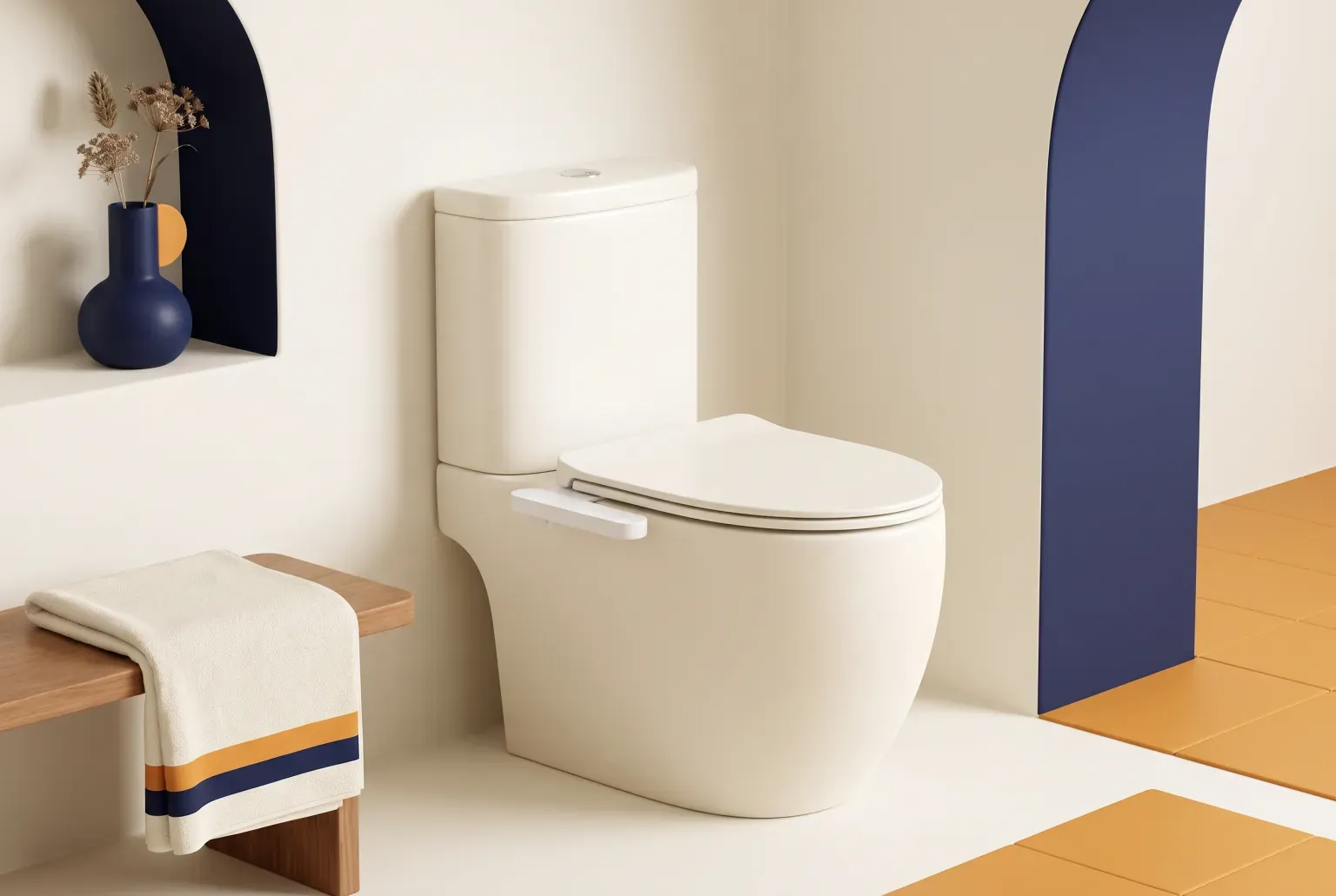 Illustration: a clean white toilet with a slim plain bidet attachment under the seat in a bright bathroom beside a folded towel, drawn as a soft 3D render. Not a real product.