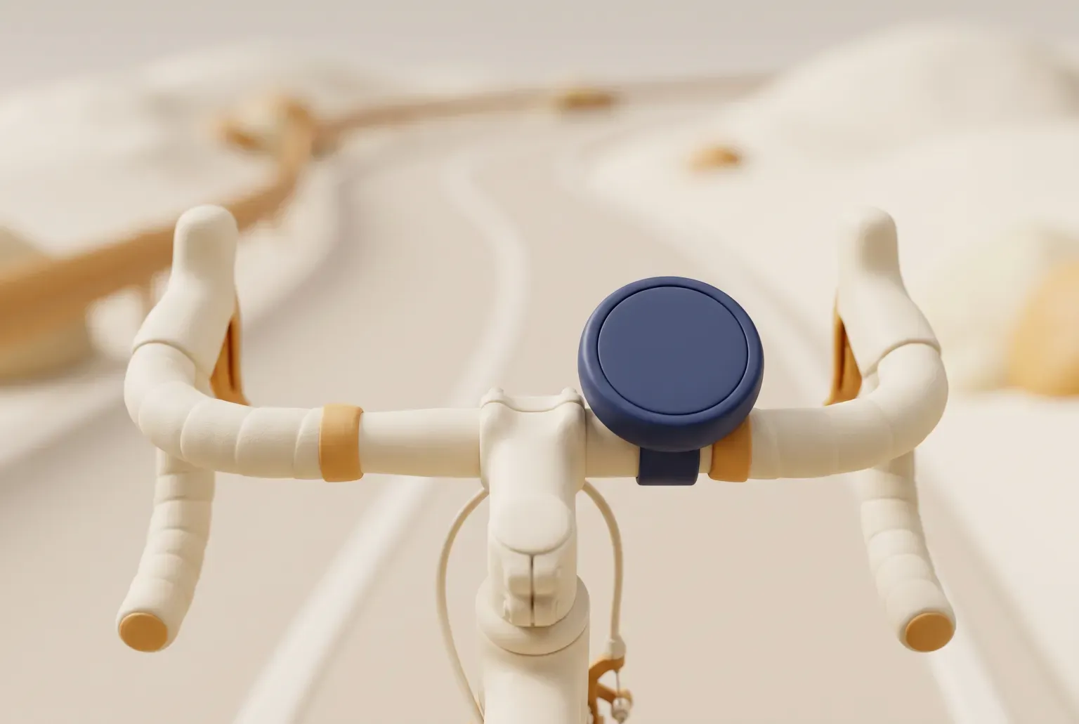 Illustration: a small round navy bike computer with a blank face clipped to the handlebar of a cream road bike, seen from the rider's seat, drawn as a soft 3D render. Not a real product.