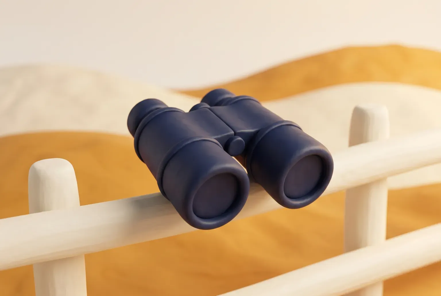 Illustration: a pair of plain navy binoculars resting on a cream wooden fence rail with soft amber hills behind, drawn as a soft 3D render. Not a real product.
