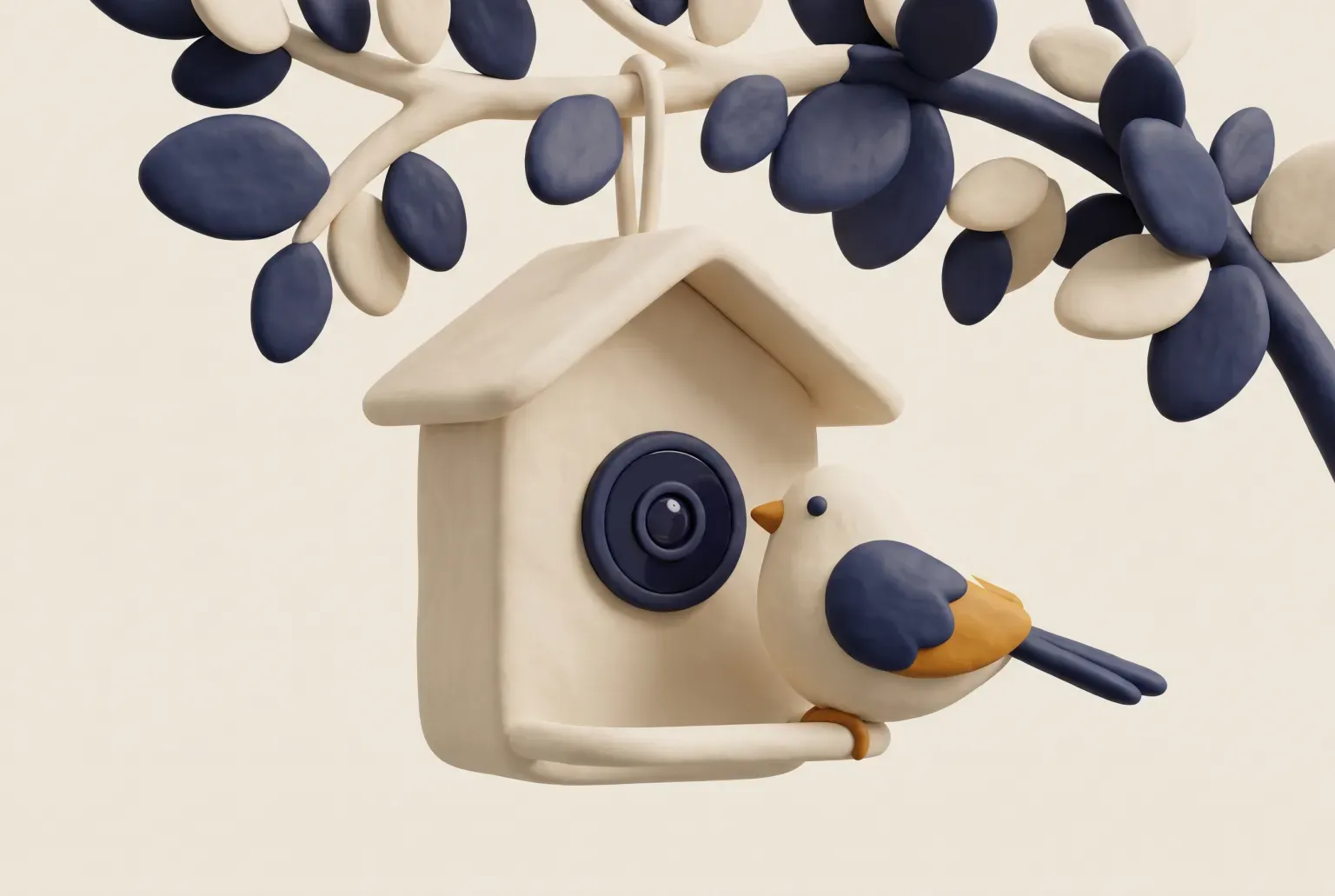 Illustration: a small songbird perched on a plain bird feeder with a round camera lens, hanging from a leafy branch, drawn as a soft 3D render. Not a real product.