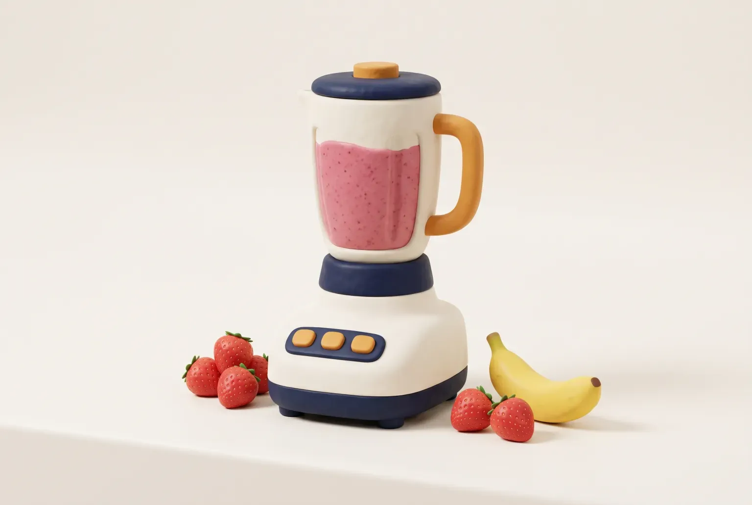 Illustration: a cream and navy countertop blender full of pink berry smoothie beside strawberries and a banana, drawn as a soft 3D render. Not a real product.