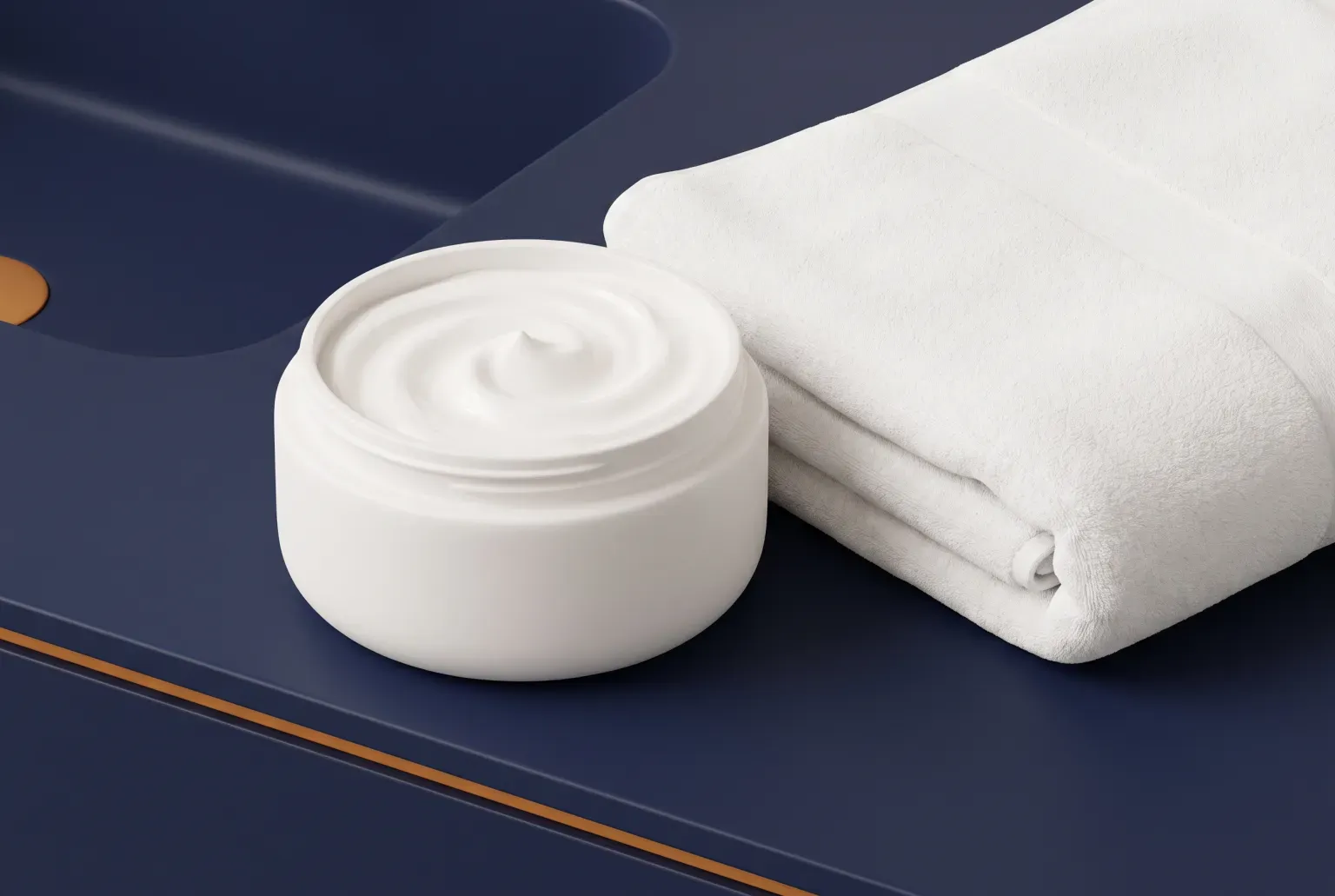 Illustration: an open plain white tub of thick body cream beside a folded white towel on a navy bathroom counter, drawn as a soft 3D render. Not a real product.