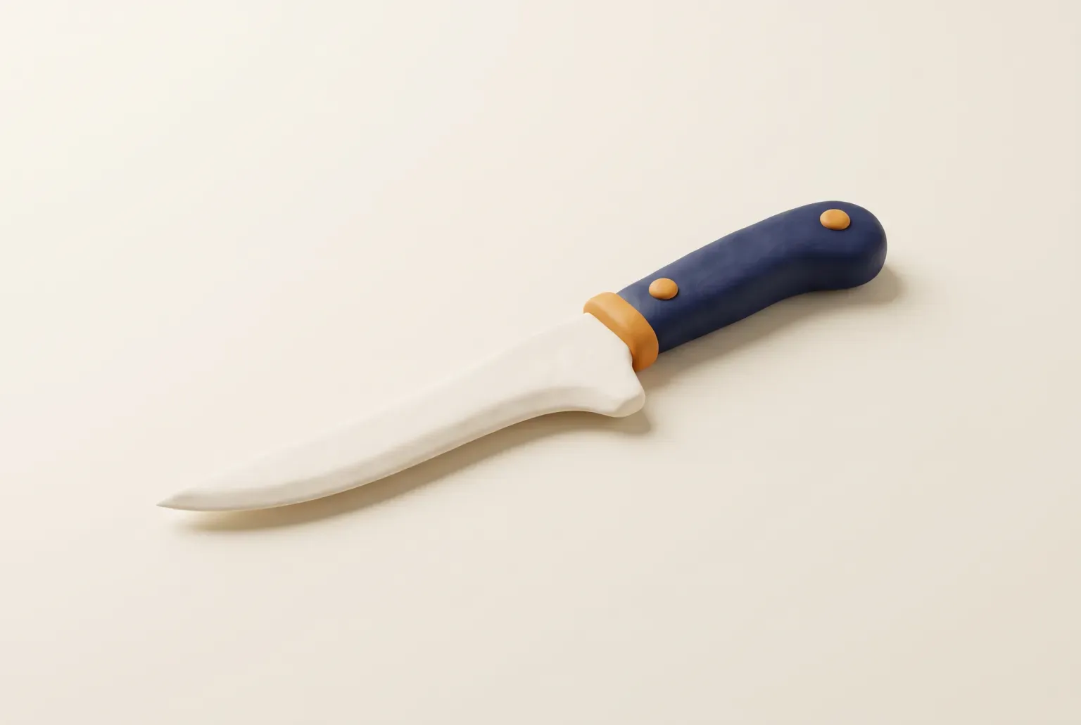 Illustration: a navy-handled knife resting on a cream cutting board beside a small bowl of rosemary, drawn as a soft 3D render. Not a real product.