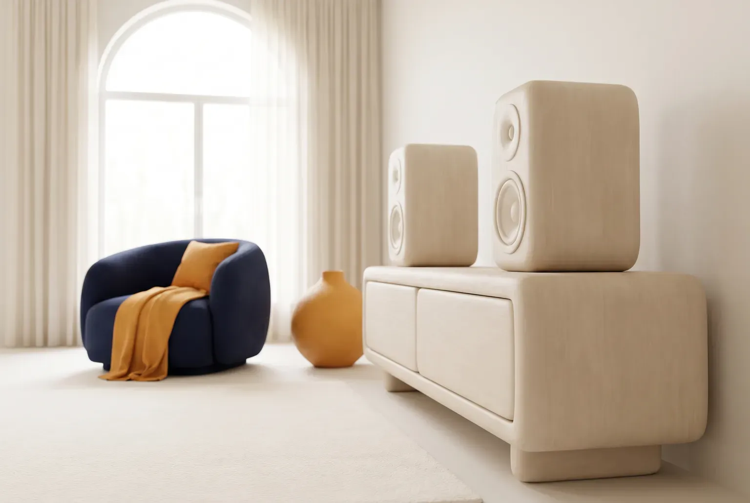 Illustration: a pair of plain wooden bookshelf speakers on a low wooden cabinet, drawn as a soft 3D render. Not a real product.