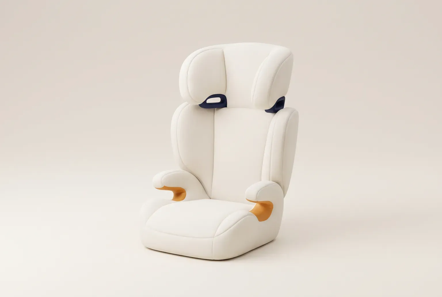 Illustration: a child's high-back booster car seat in cream fabric on a plain cream floor, drawn as a soft 3D render. Not a real product.