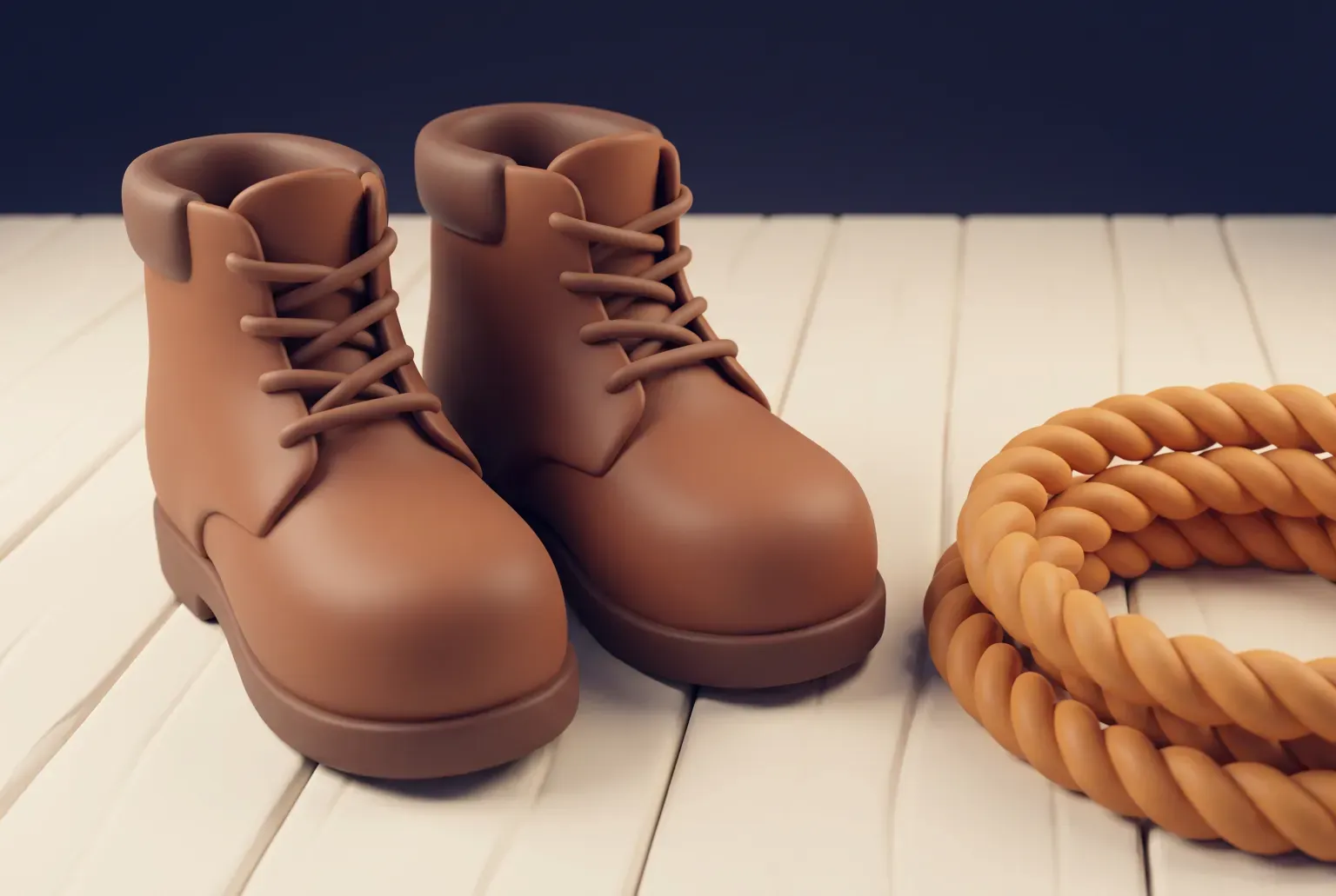Illustration: a pair of brown leather lace-up boots on pale wooden floorboards beside a coil of orange rope, drawn as a soft 3D render. Not a real product.