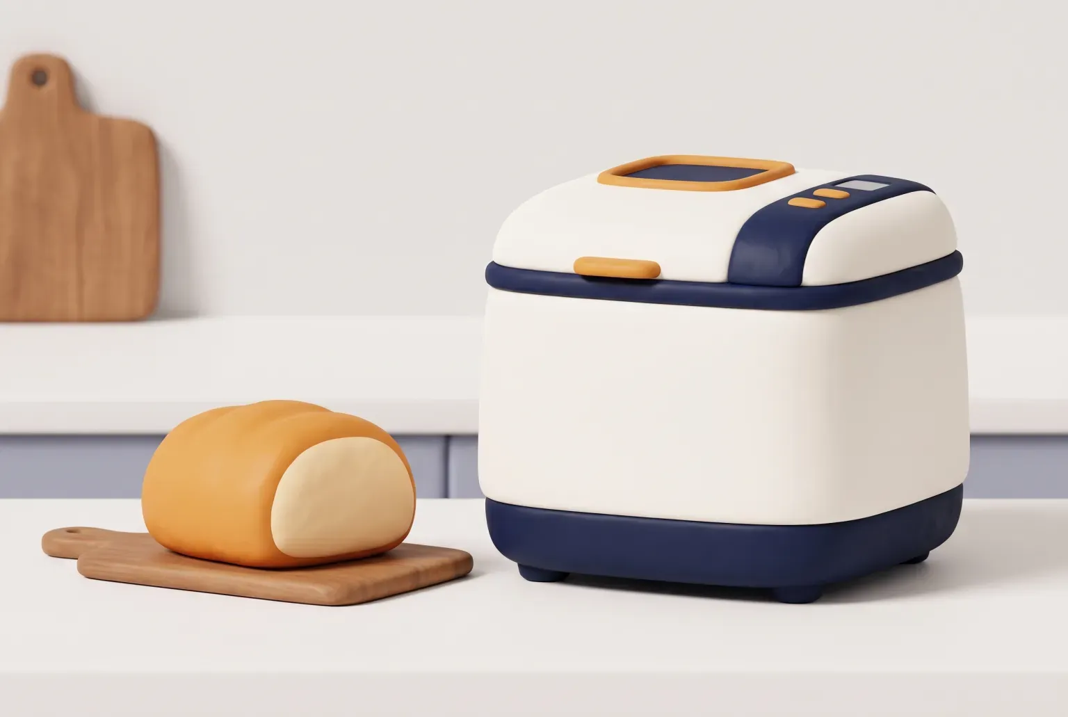 Illustration: a plain bread machine on a kitchen counter beside a fresh loaf, drawn as a soft 3D render. Not a real product.