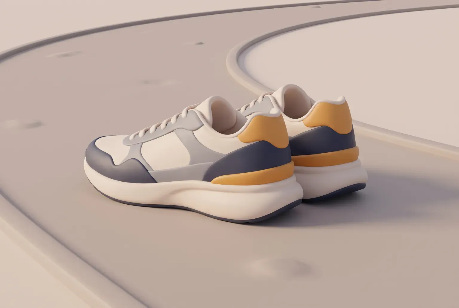 Illustration: a pair of cushioned grey, cream and amber running shoes on a smooth curved road, drawn as a soft 3D render. Not a real product.