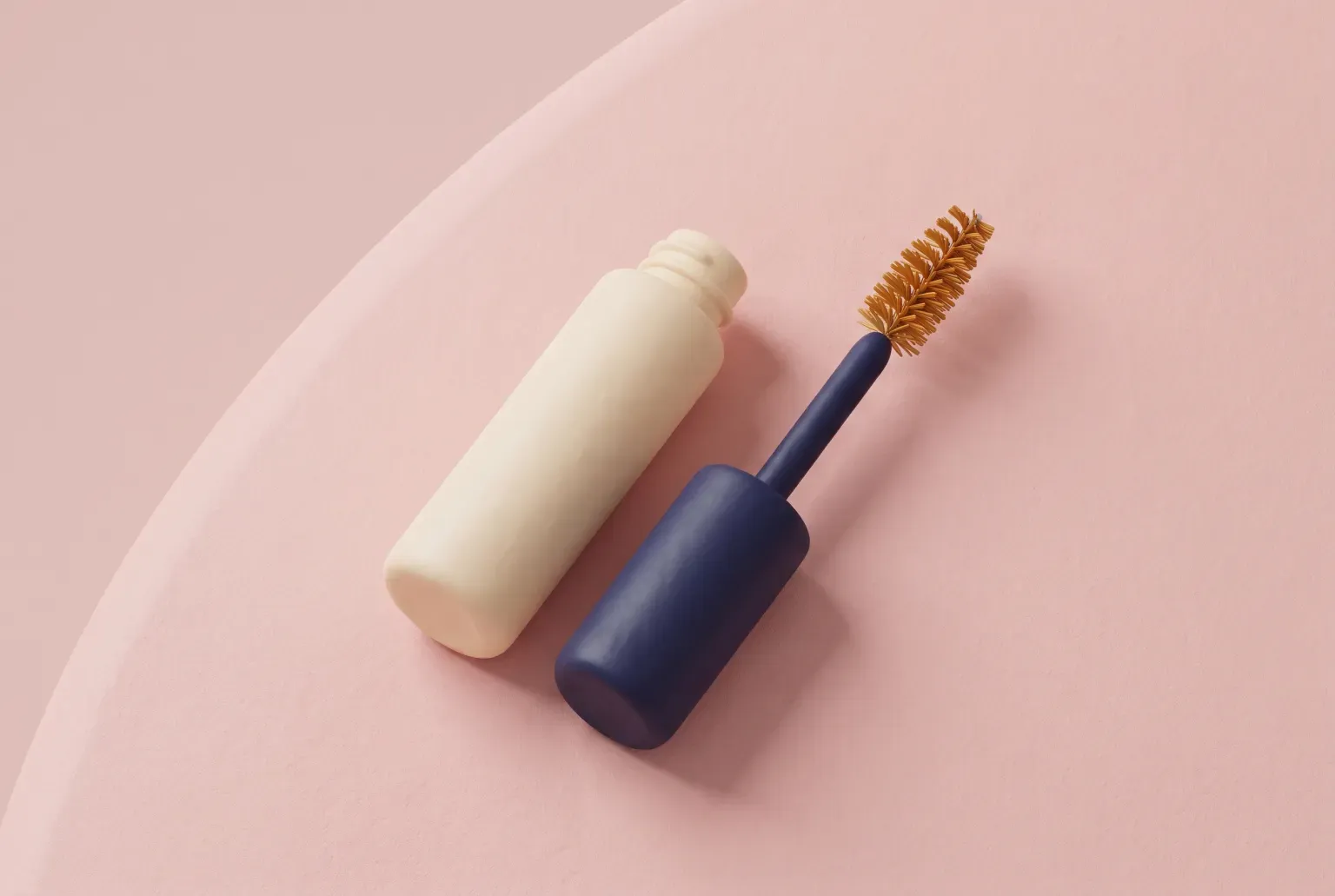 Illustration: a plain cream-colored cosmetic tube and its navy spoolie wand lying on a soft pink surface, drawn as a soft 3D render. Not a real product.