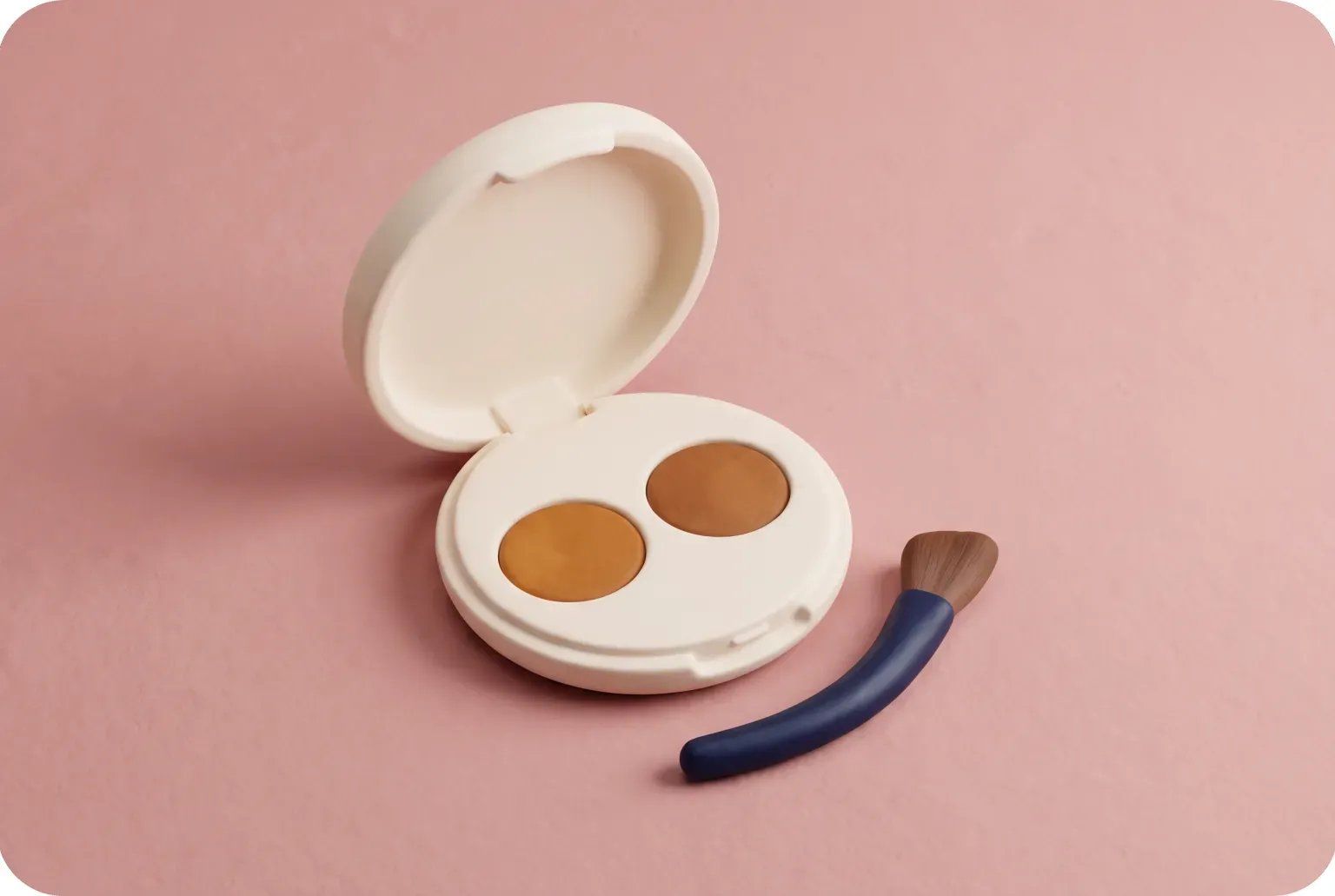 Illustration: an open round cream compact holding two shades of brown powder, with a small brush lying beside it on a soft pink surface, drawn as a soft 3D render. Not a real product.